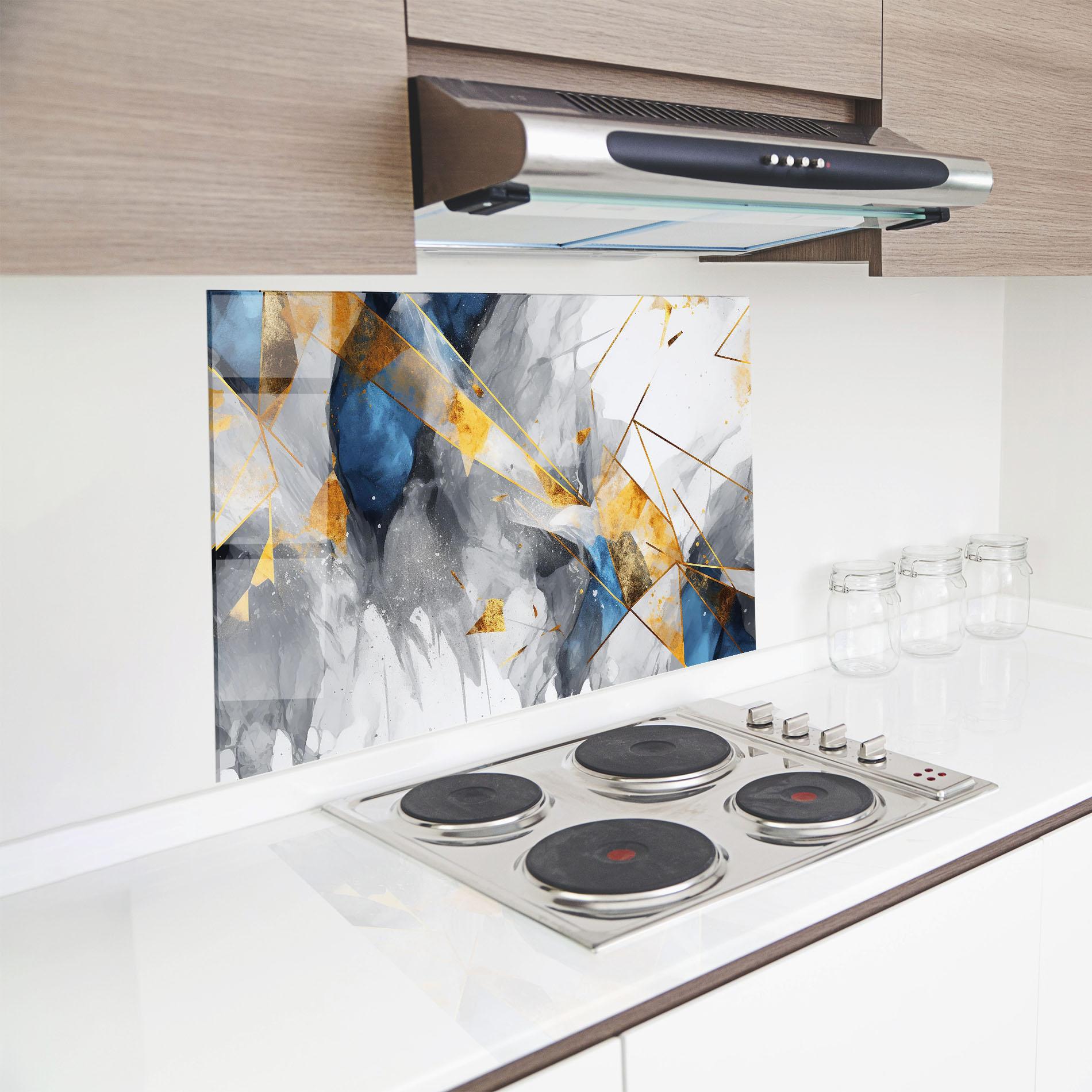 Panou Sticla Bucatarie Abstract Gold Blue Pattern mockup 8