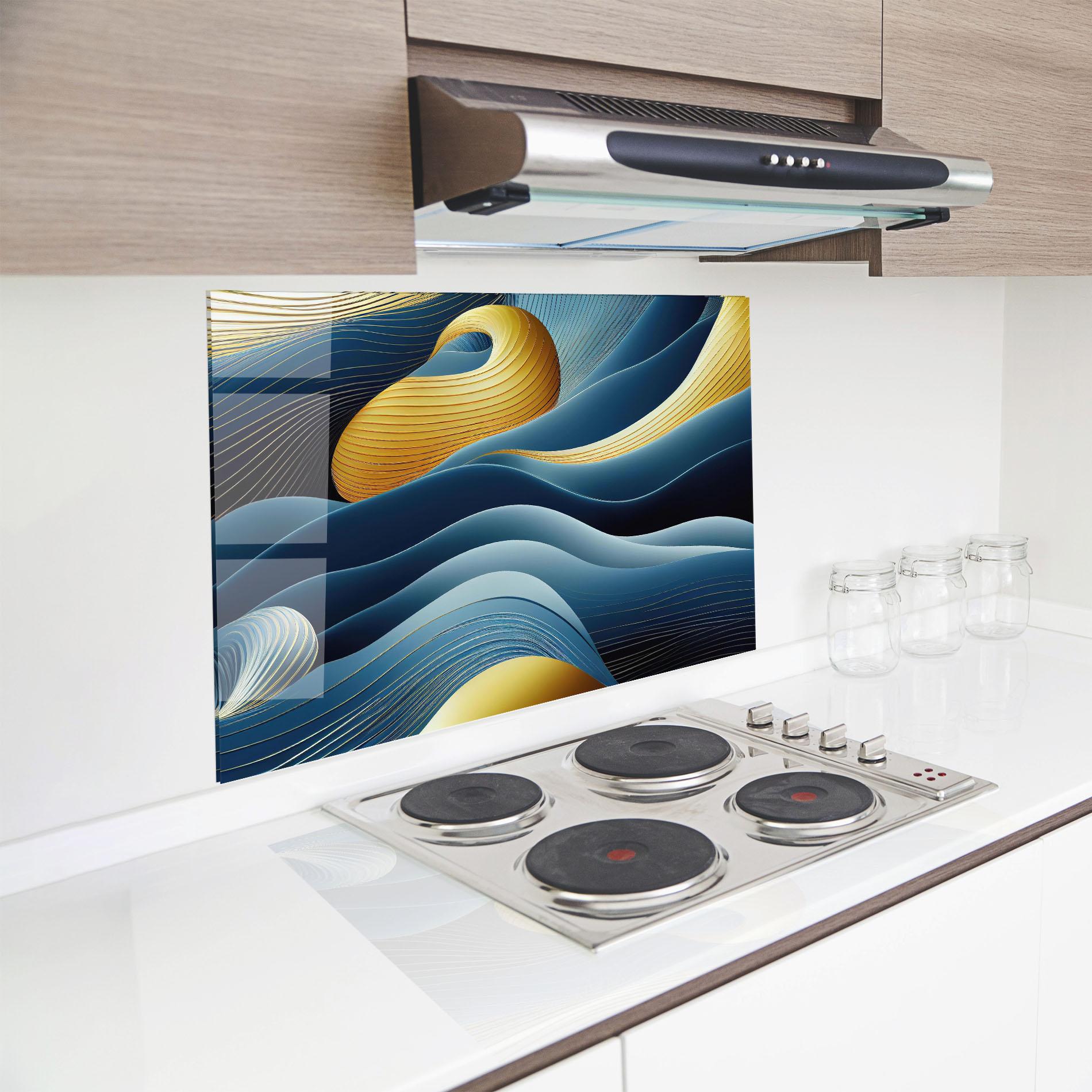 Panou Sticla Bucatarie Blue And Gold Wavy Curves mockup 8