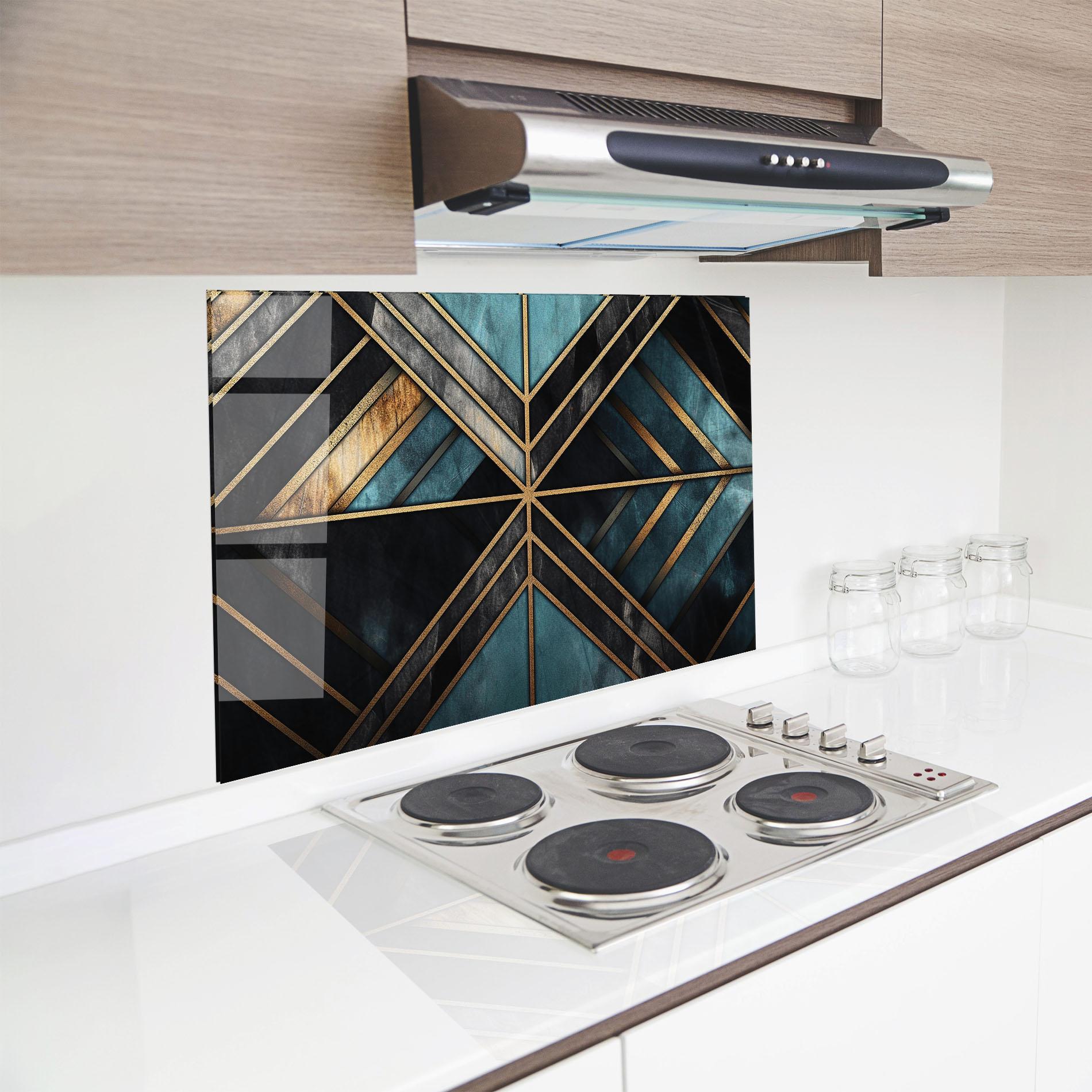 Panou Sticla Bucatarie Gold Lines On Blue Painting mockup 8