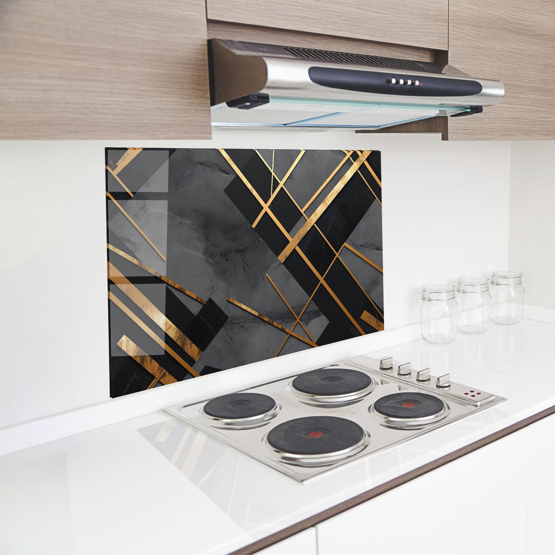 Panou Sticla Bucatarie Grey Painting With Gold Lines mockup 8