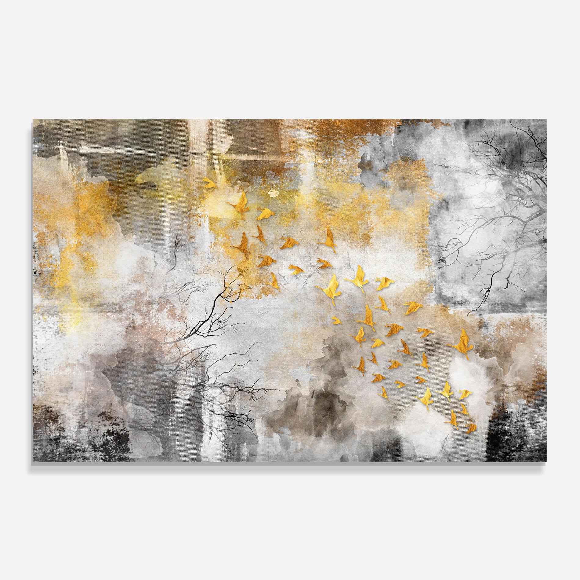 Panou Sticla Bucatarie Gold Birds Flying mockup 0