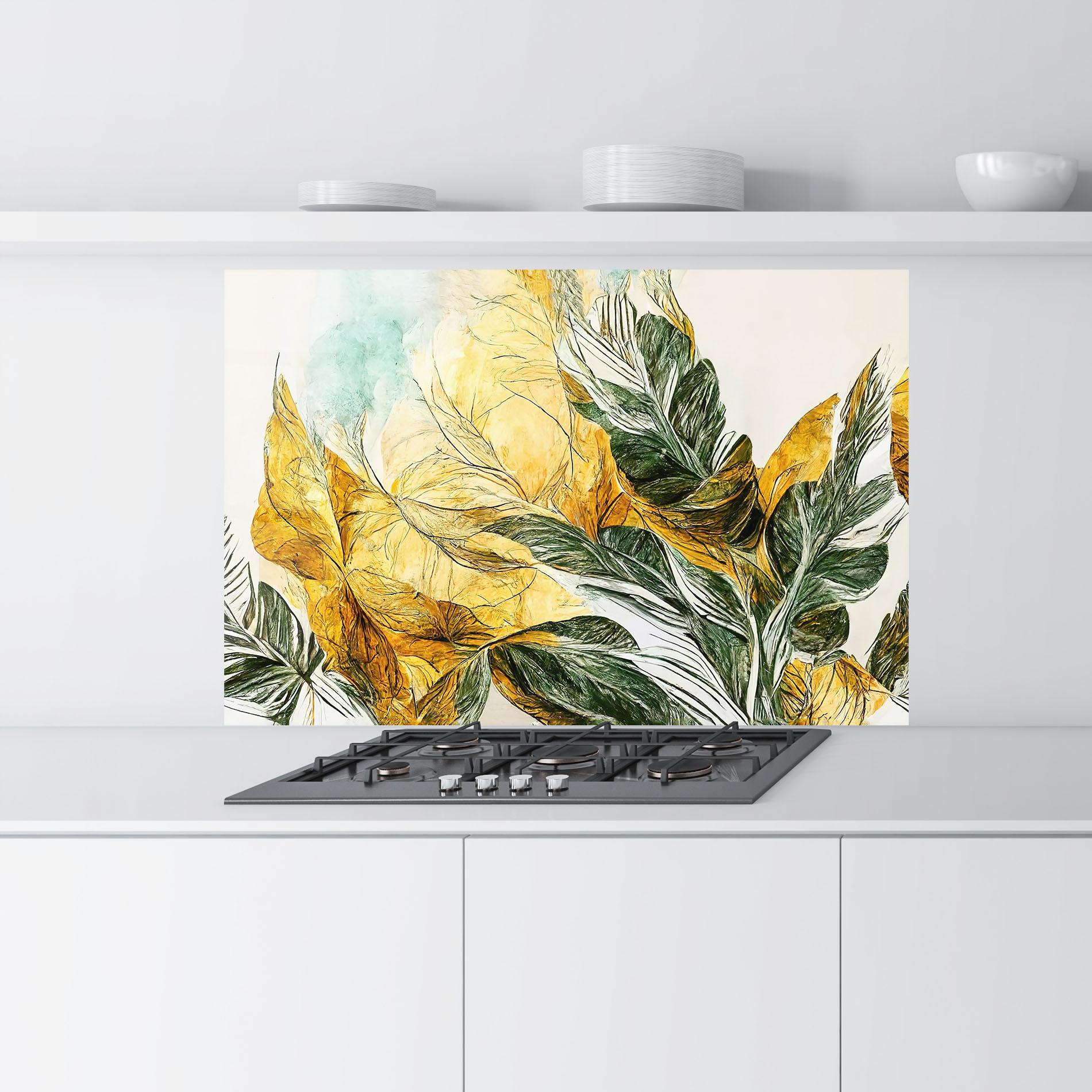 Panou Sticla Bucatarie Gold And Green Leafes mockup 9