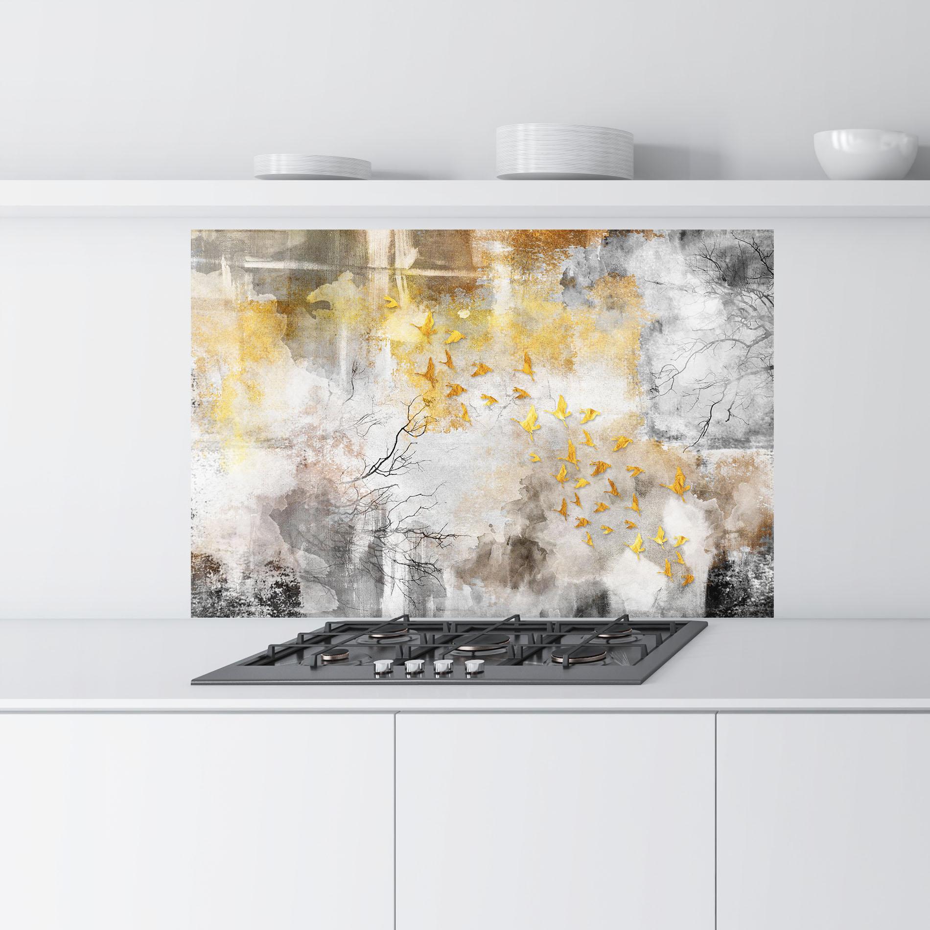 Panou Sticla Bucatarie Gold Birds Flying mockup 9