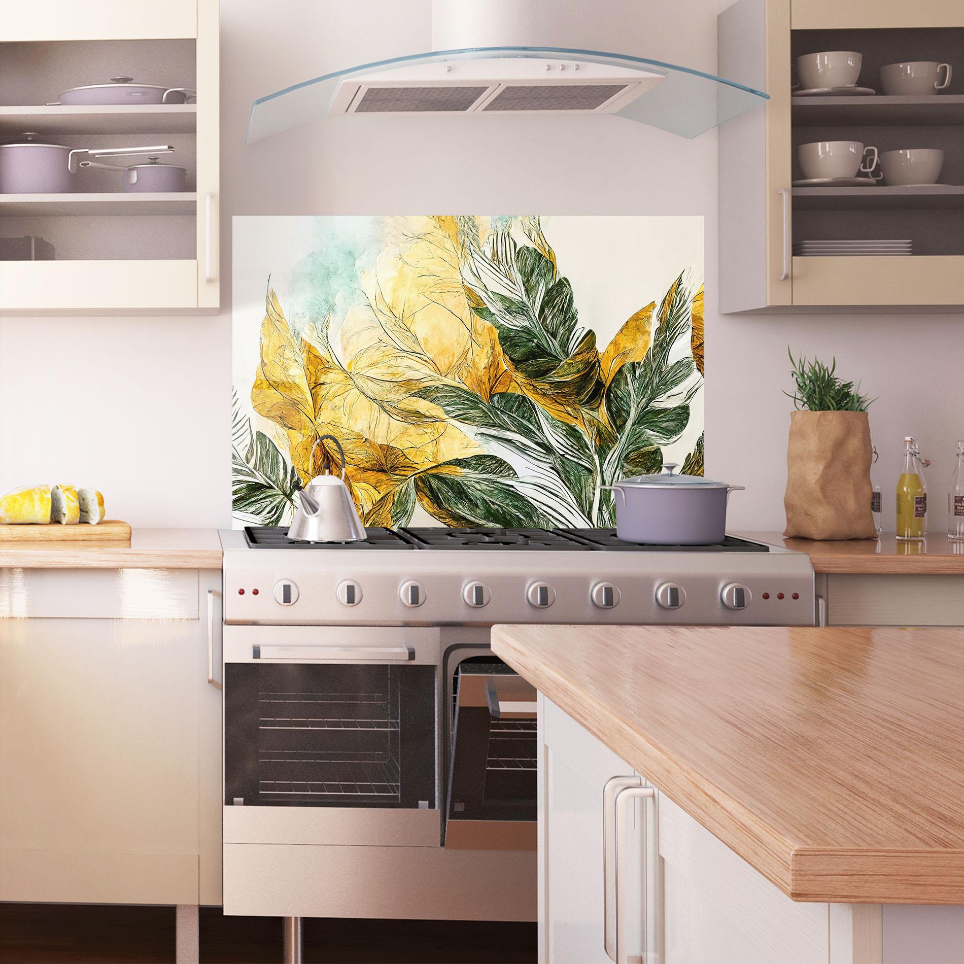 Panou Sticla Bucatarie Gold And Green Leafes mockup 1