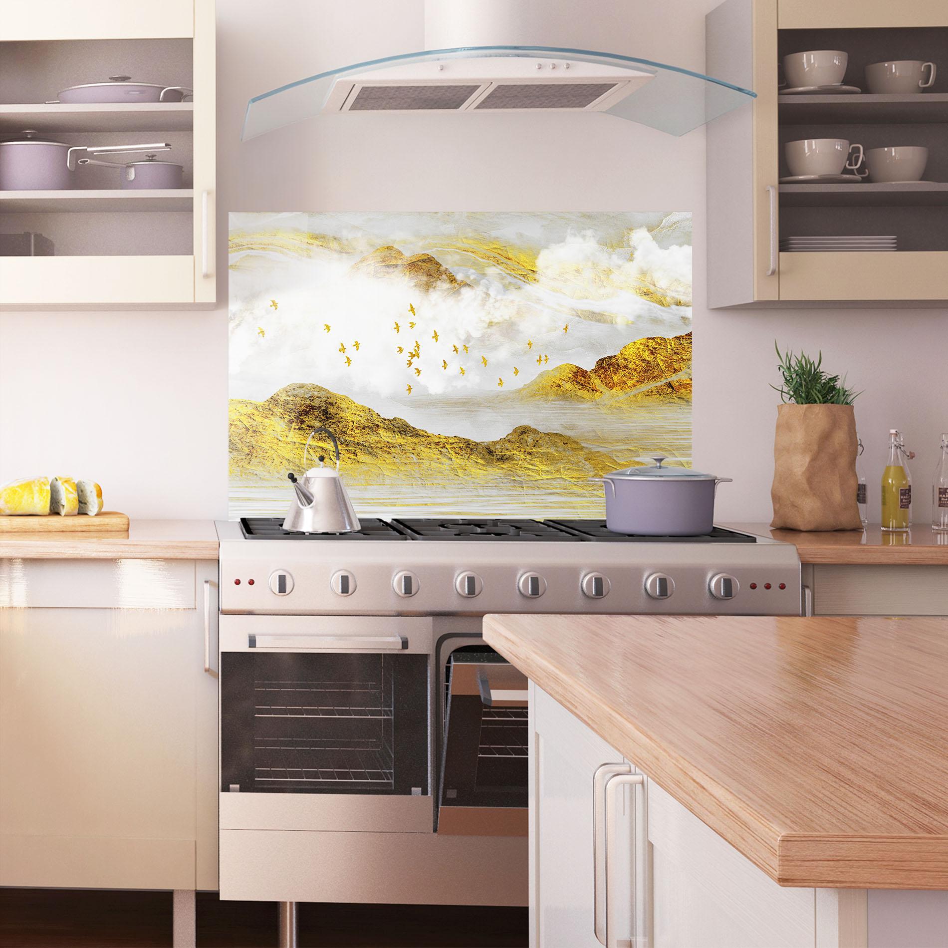 Panou Sticla Bucatarie Gold Mountains Abstract mockup 1