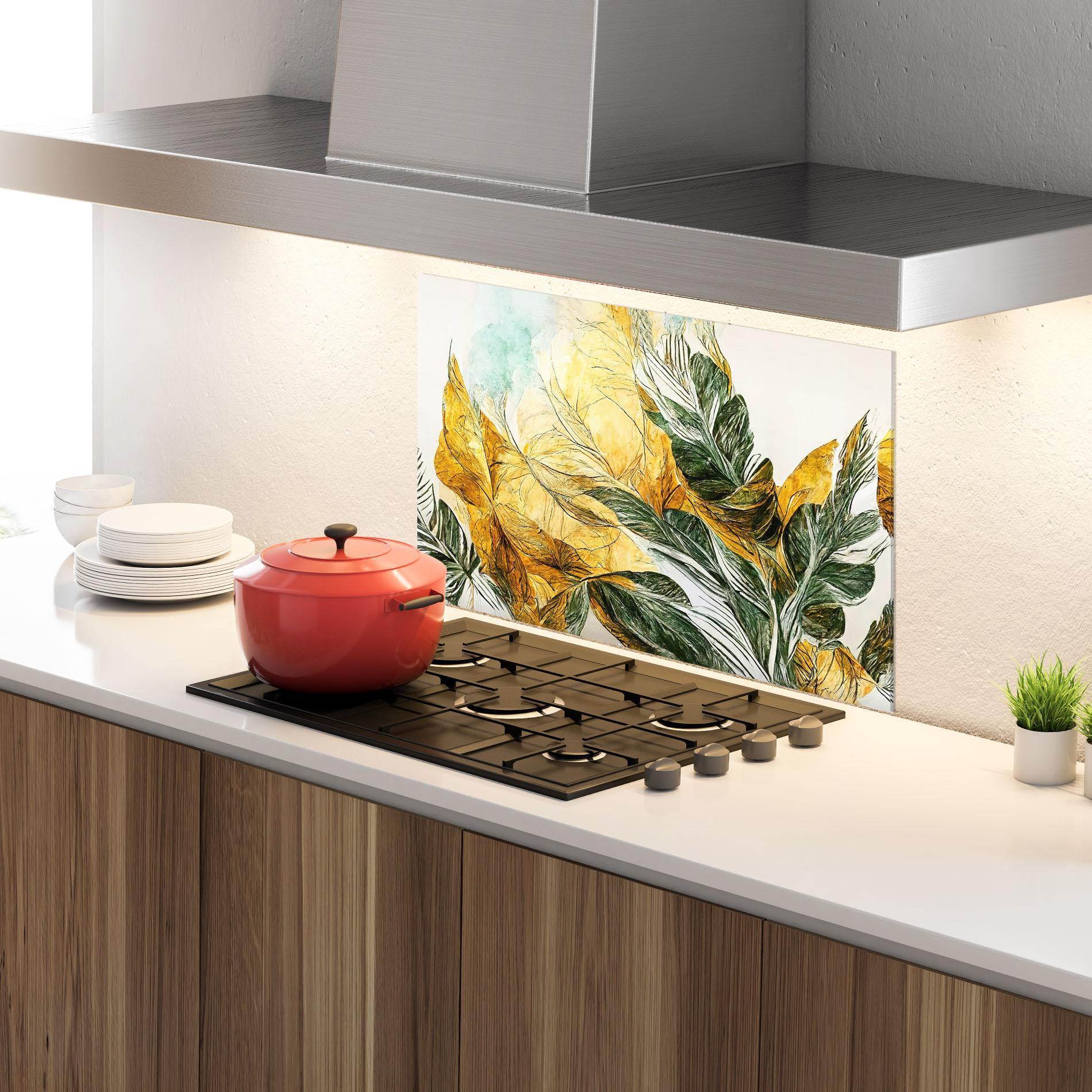 Panou Sticla Bucatarie Gold And Green Leafes mockup 4