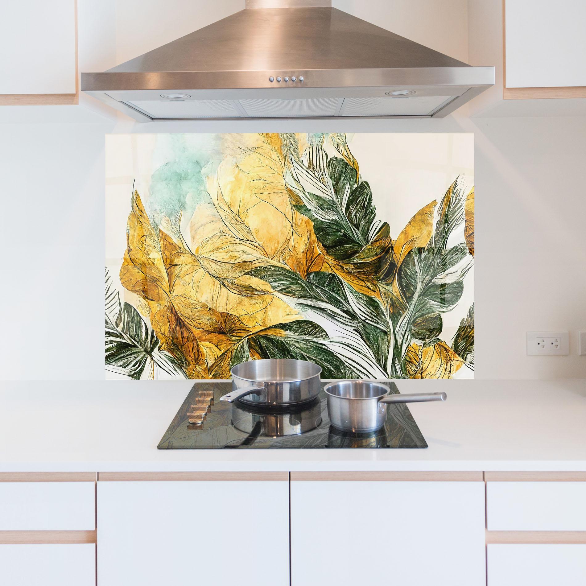 Panou Sticla Bucatarie Gold And Green Leafes mockup 5