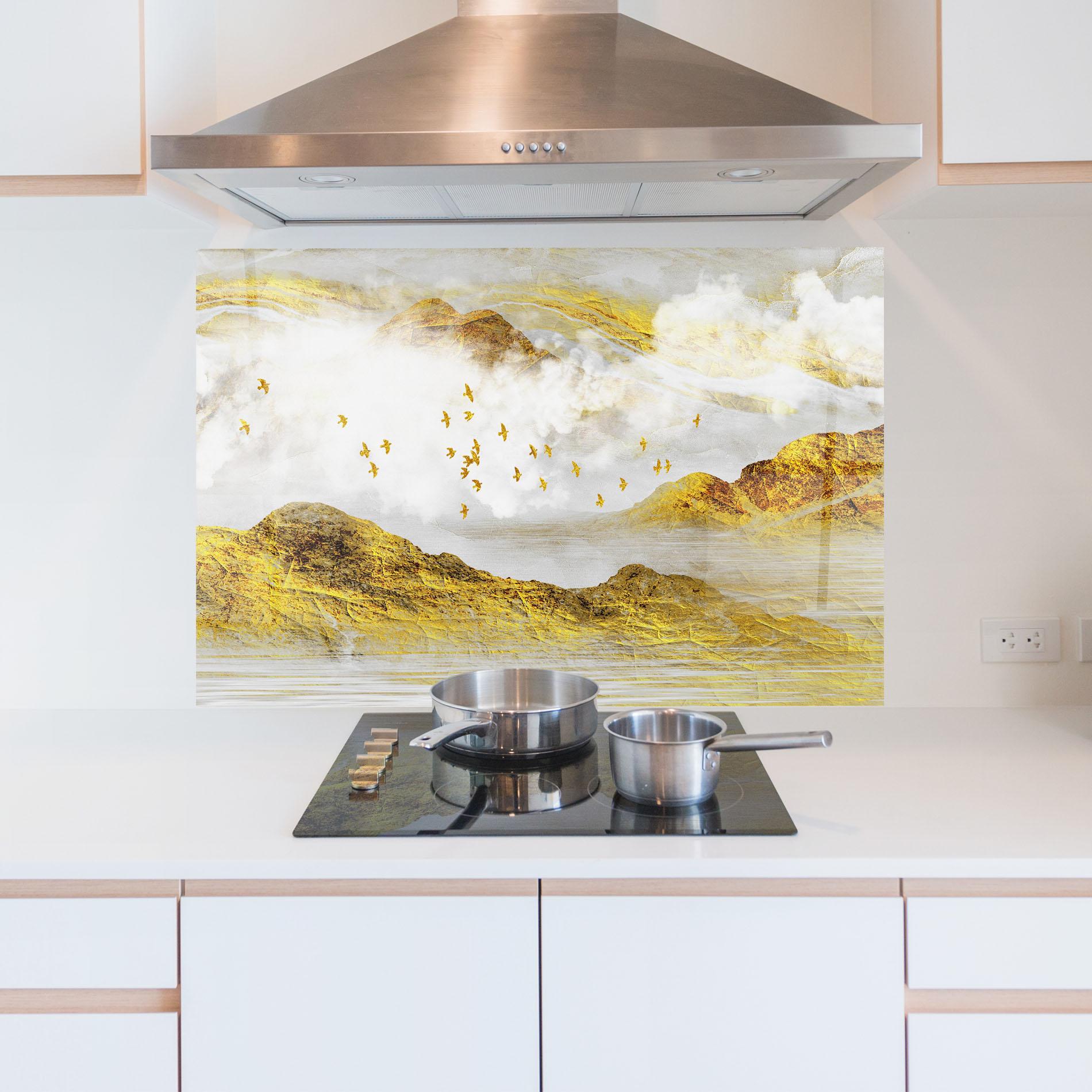 Panou Sticla Bucatarie Gold Mountains Abstract mockup 5
