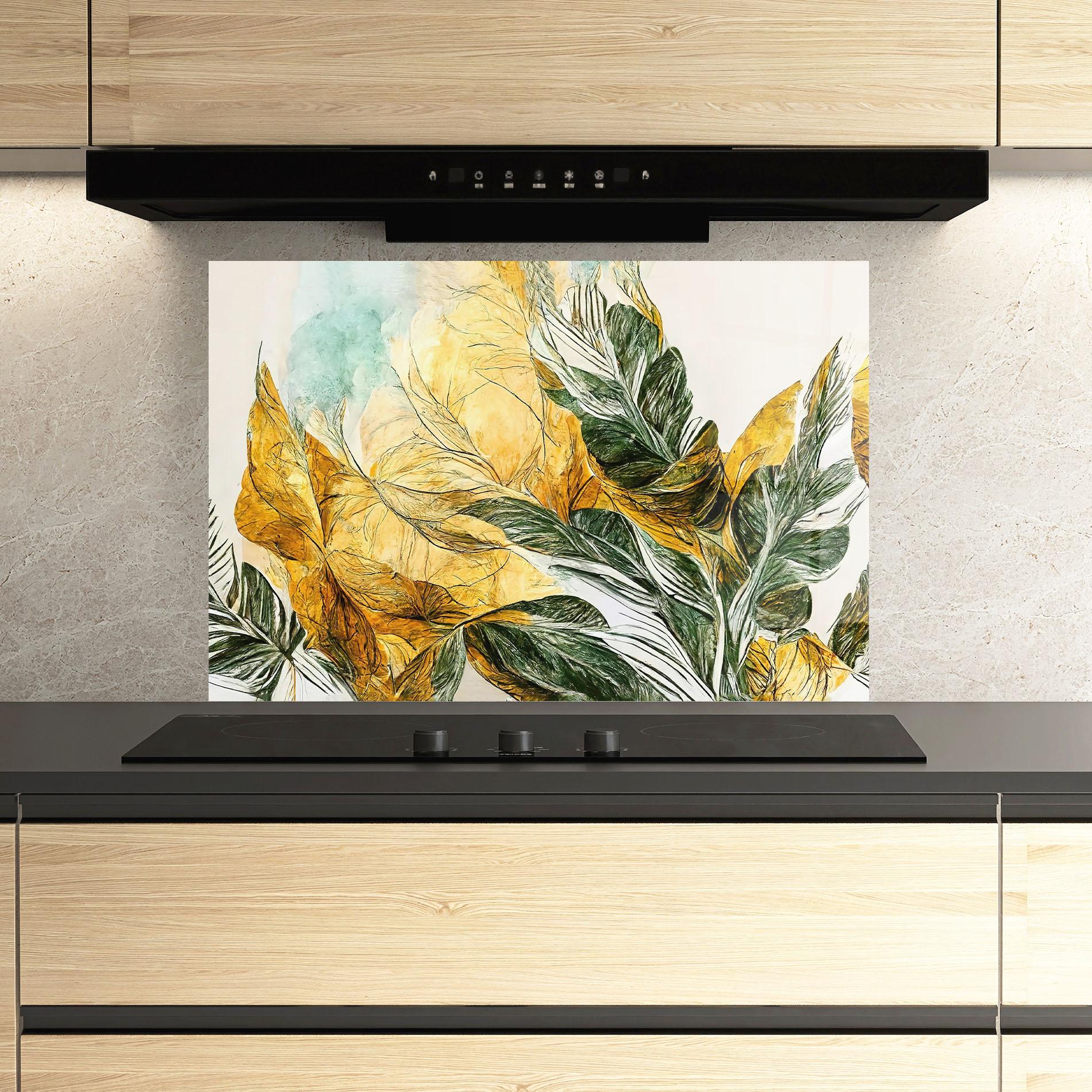 Panou Sticla Bucatarie Gold And Green Leafes mockup 3