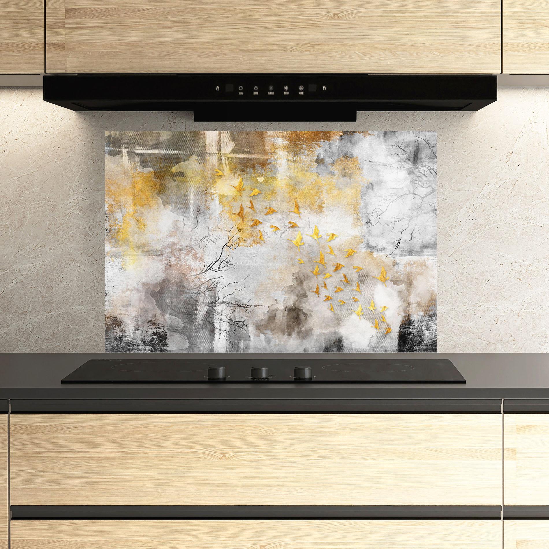 Panou Sticla Bucatarie Gold Birds Flying mockup 3