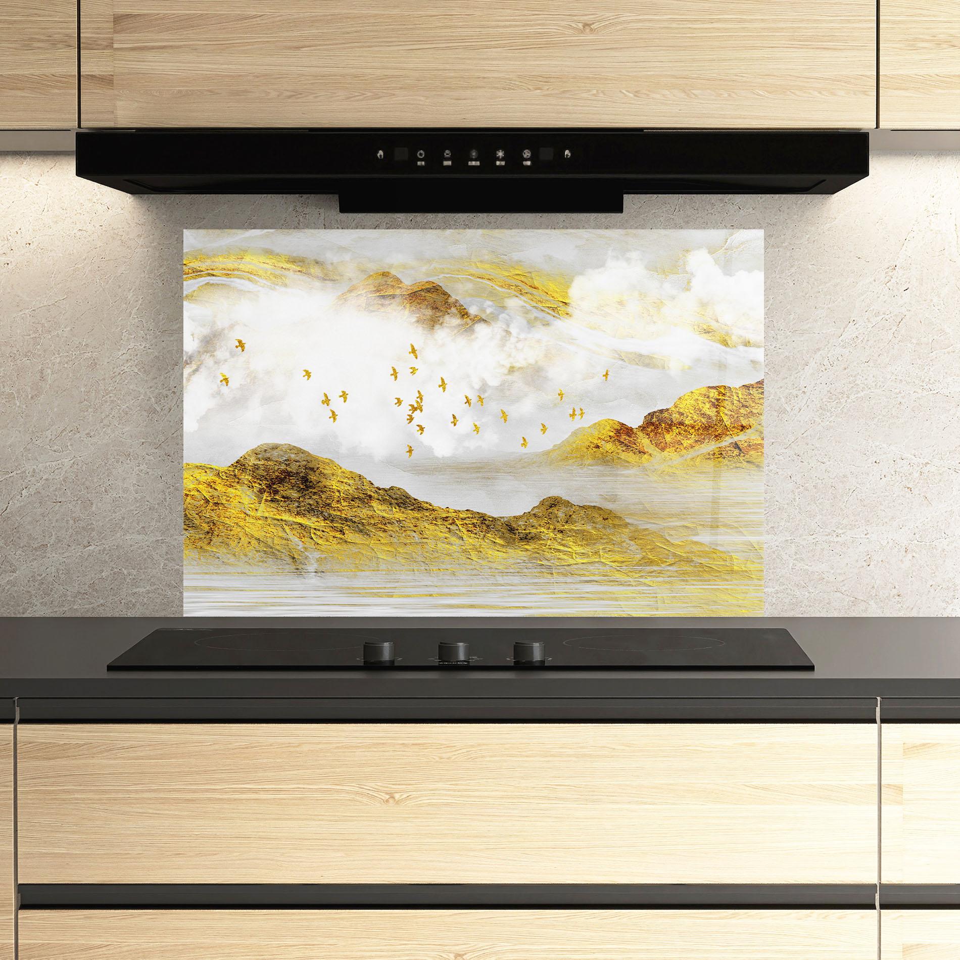 Panou Sticla Bucatarie Gold Mountains Abstract mockup 3