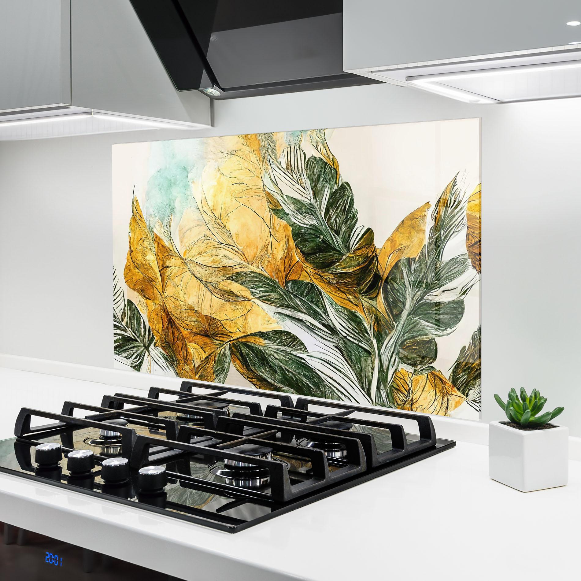 Panou Sticla Bucatarie Gold And Green Leafes mockup 6