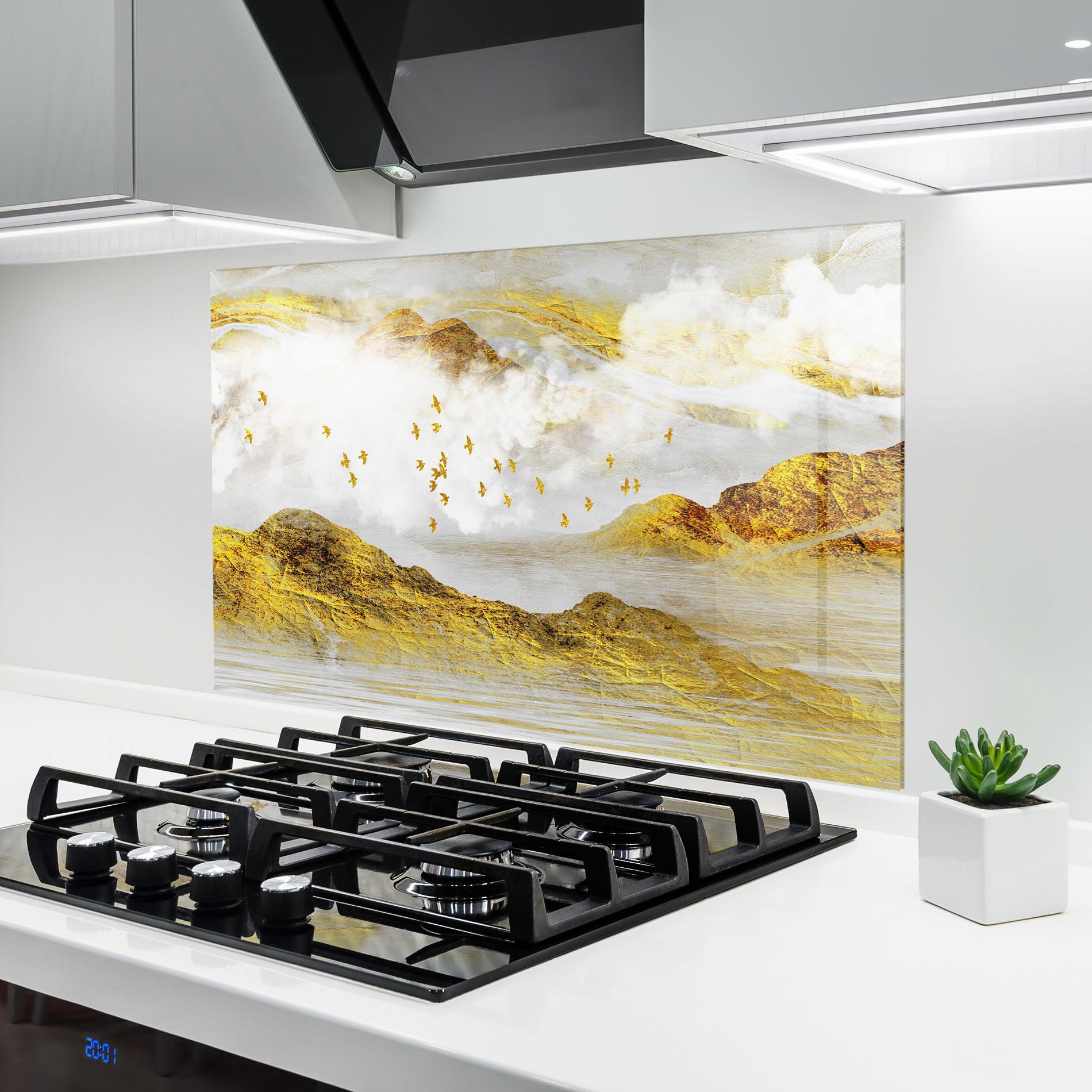 Panou Sticla Bucatarie Gold Mountains Abstract mockup 6