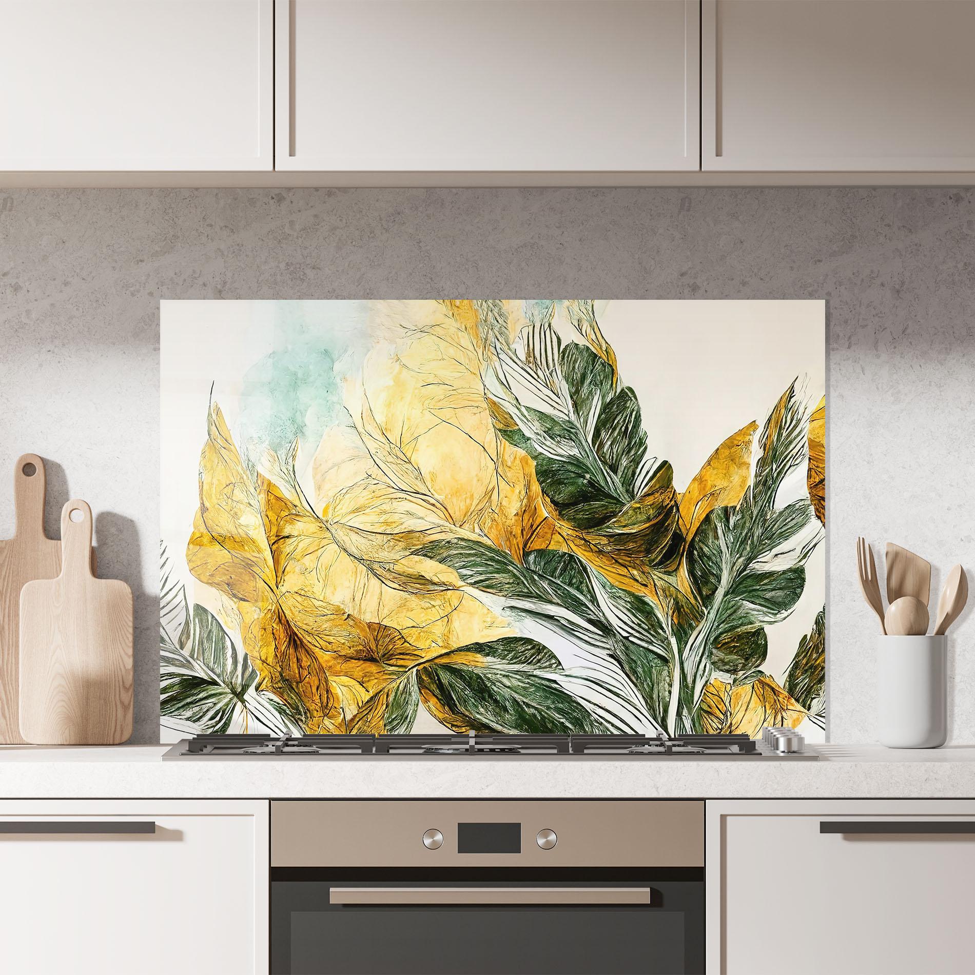 Panou Sticla Bucatarie Gold And Green Leafes mockup 7