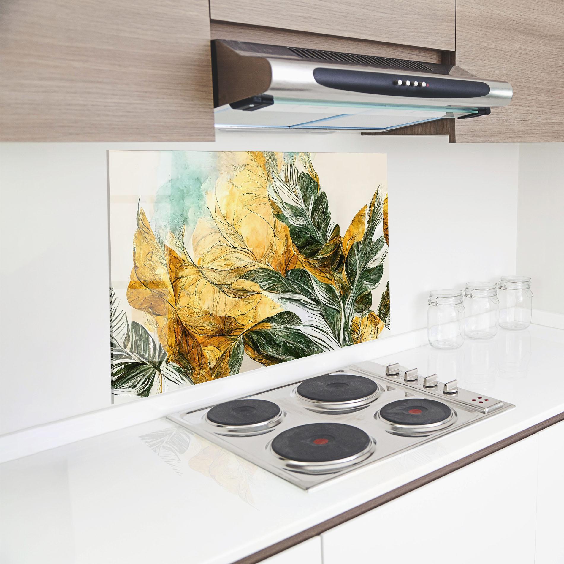 Panou Sticla Bucatarie Gold And Green Leafes mockup 8