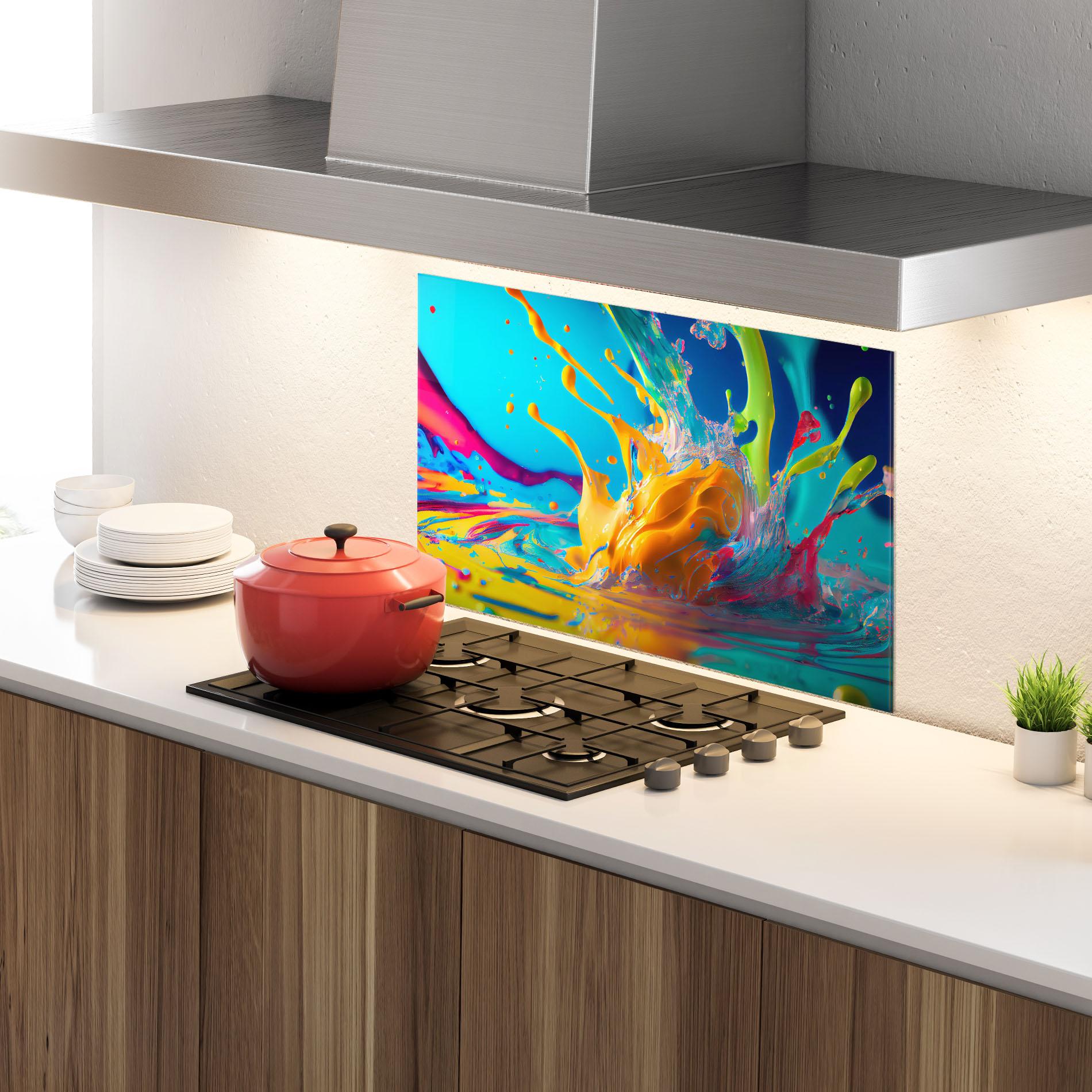 Panou Sticla Bucatarie Colorful Water Splashing mockup 4