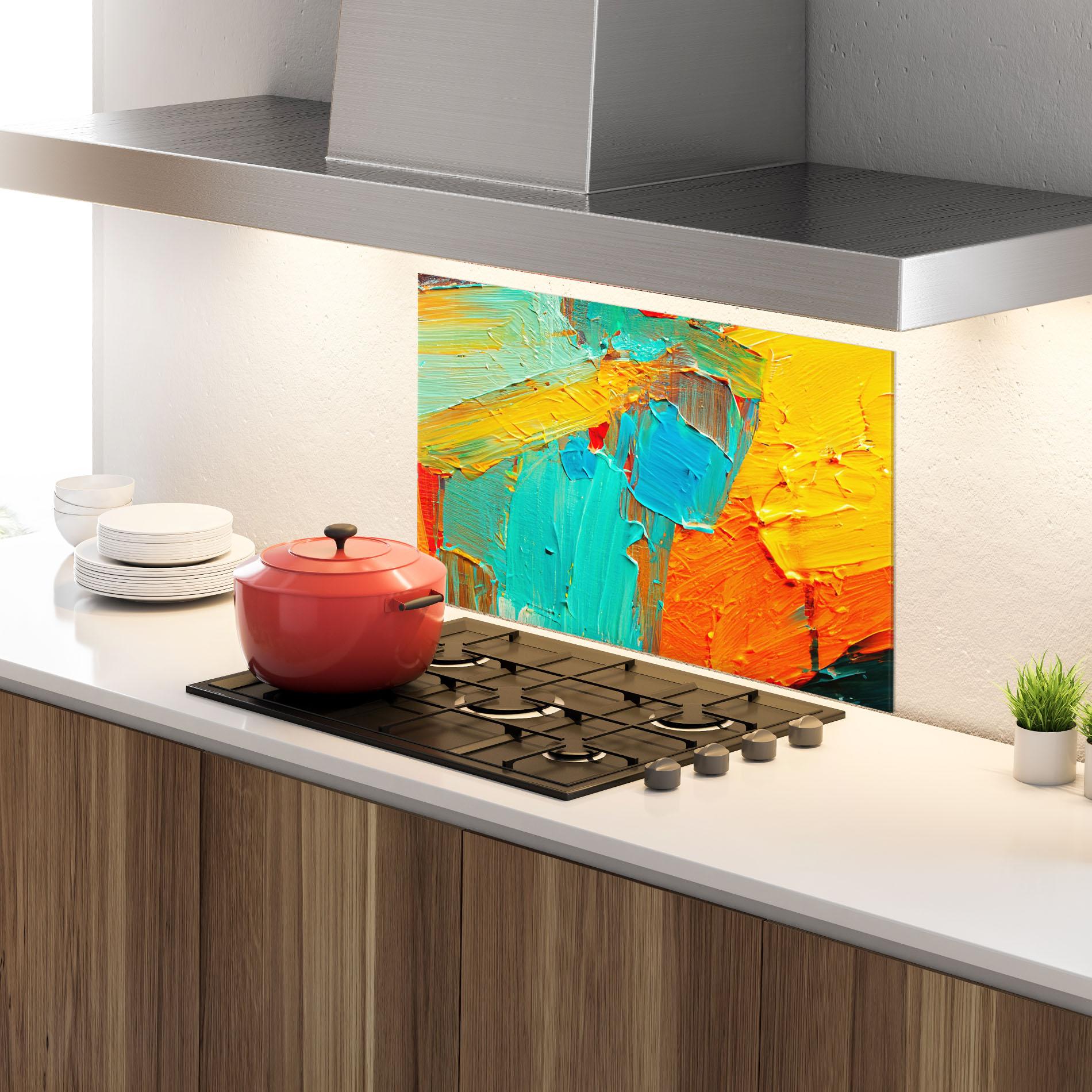 Panou Sticla Bucatarie Orange Blue Painting mockup 4
