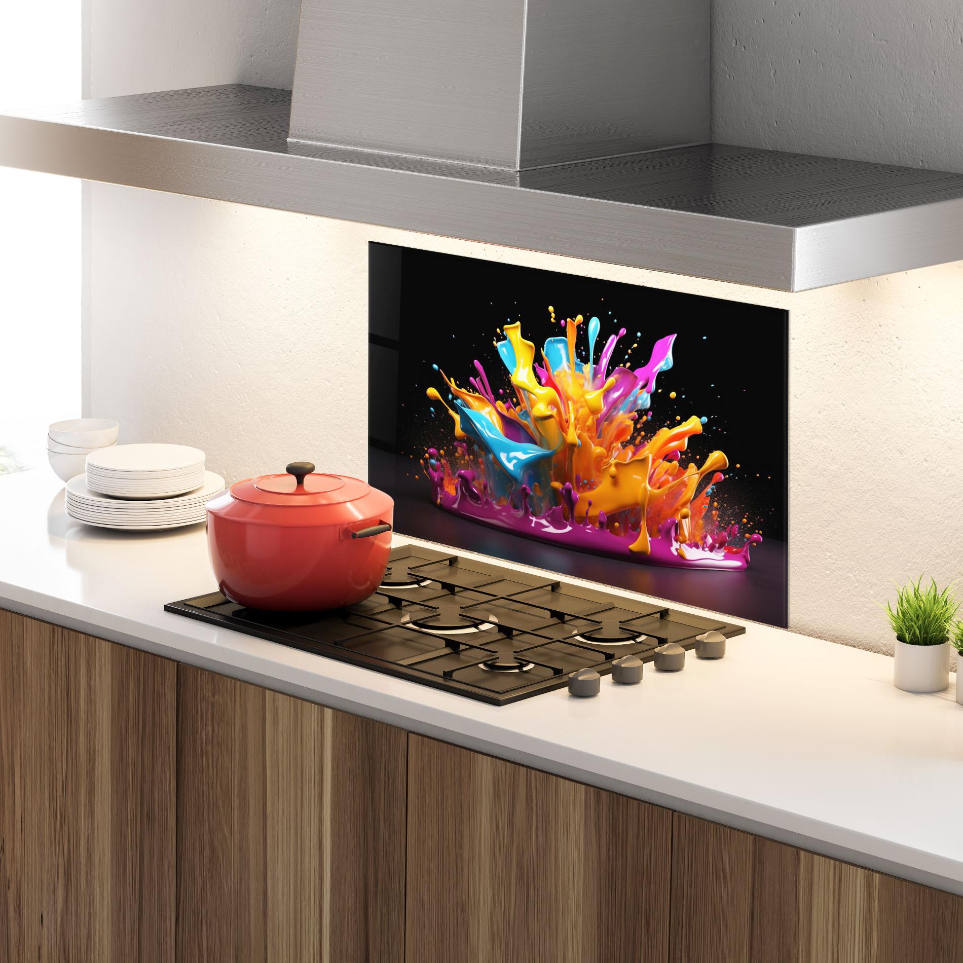 Panou Sticla Bucatarie Yellow Purple Splash mockup 4