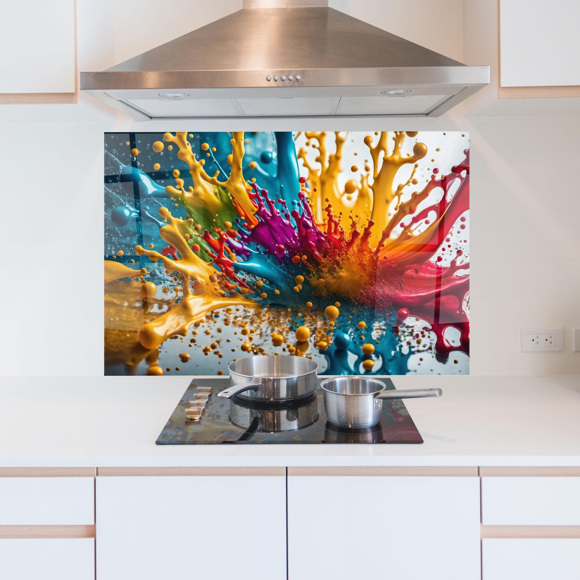 Panou Sticla Bucatarie Colorful Water Splash mockup 5