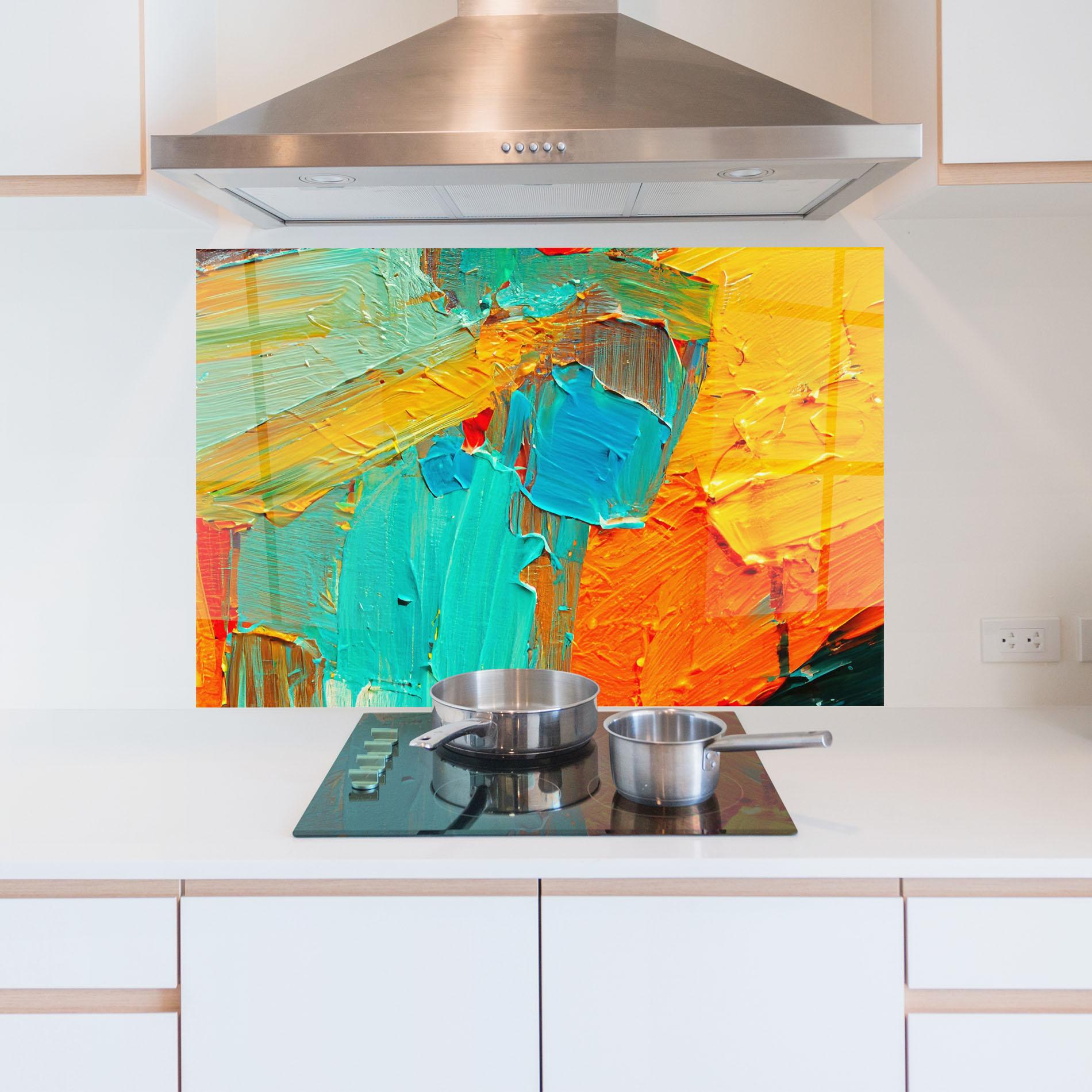 Panou Sticla Bucatarie Orange Blue Painting mockup 5