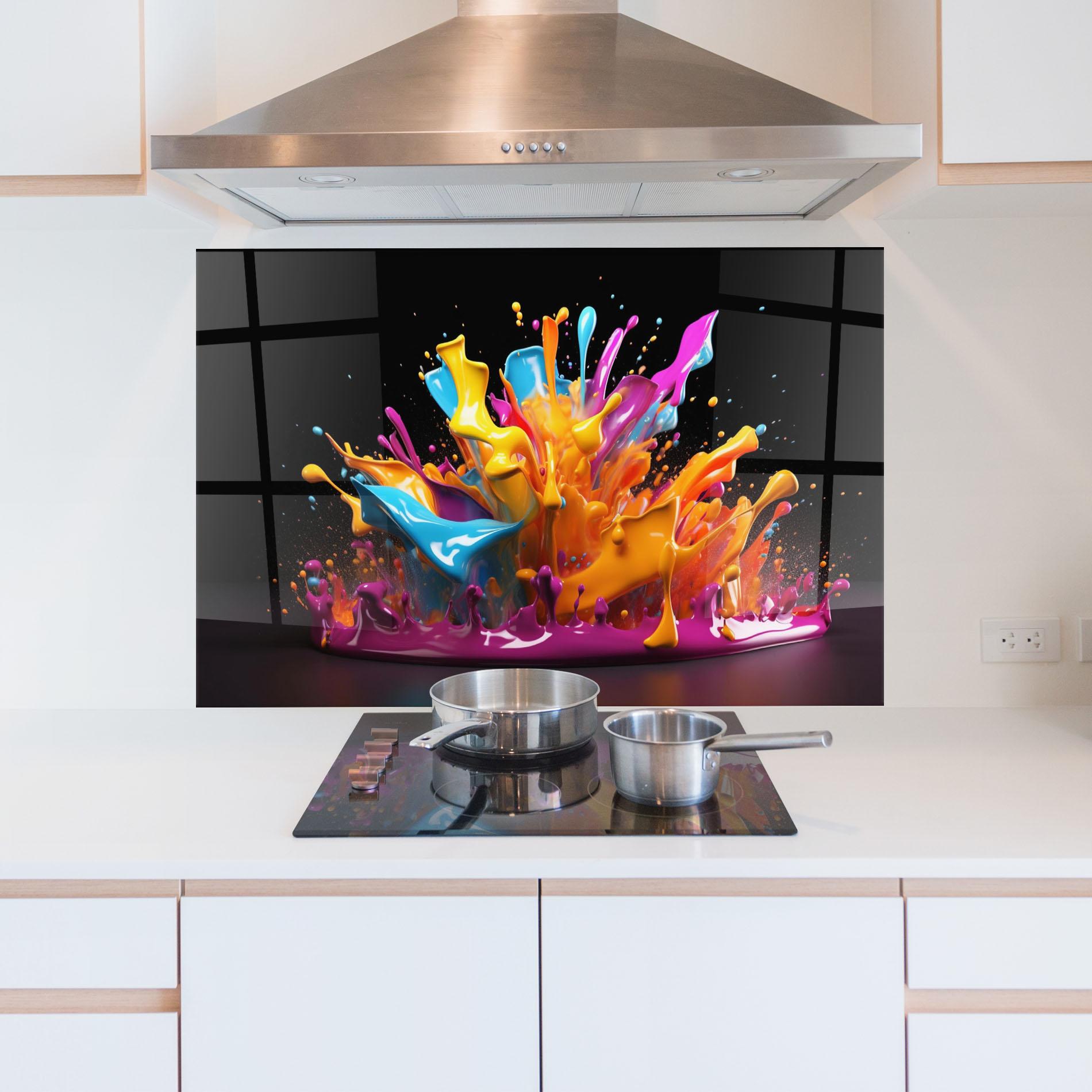 Panou Sticla Bucatarie Yellow Purple Splash mockup 5