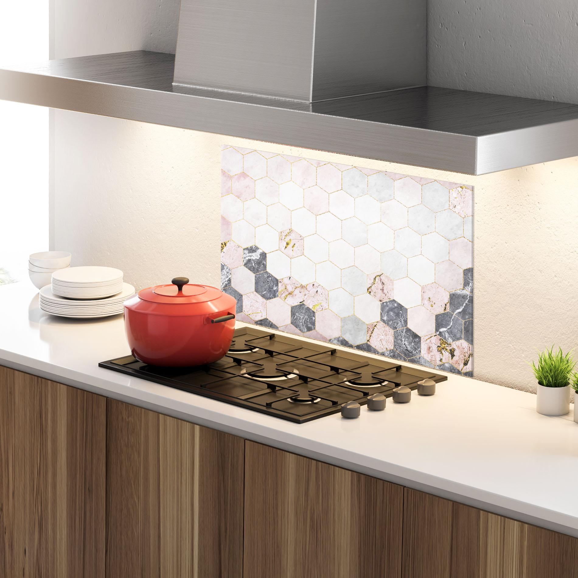 Panou Sticla Bucatarie Grey Pink Hexagon mockup 4