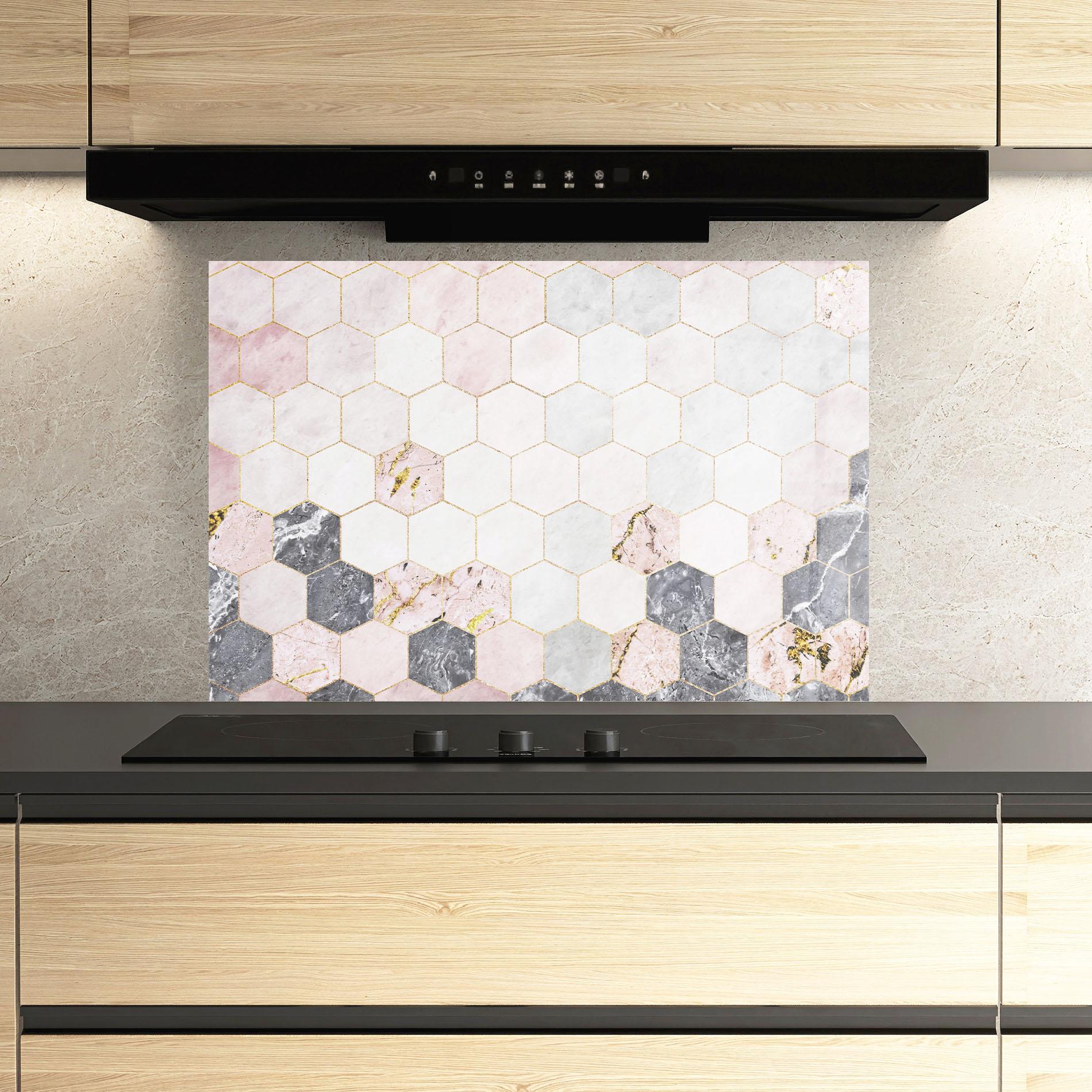 Panou Sticla Bucatarie Grey Pink Hexagon mockup 3