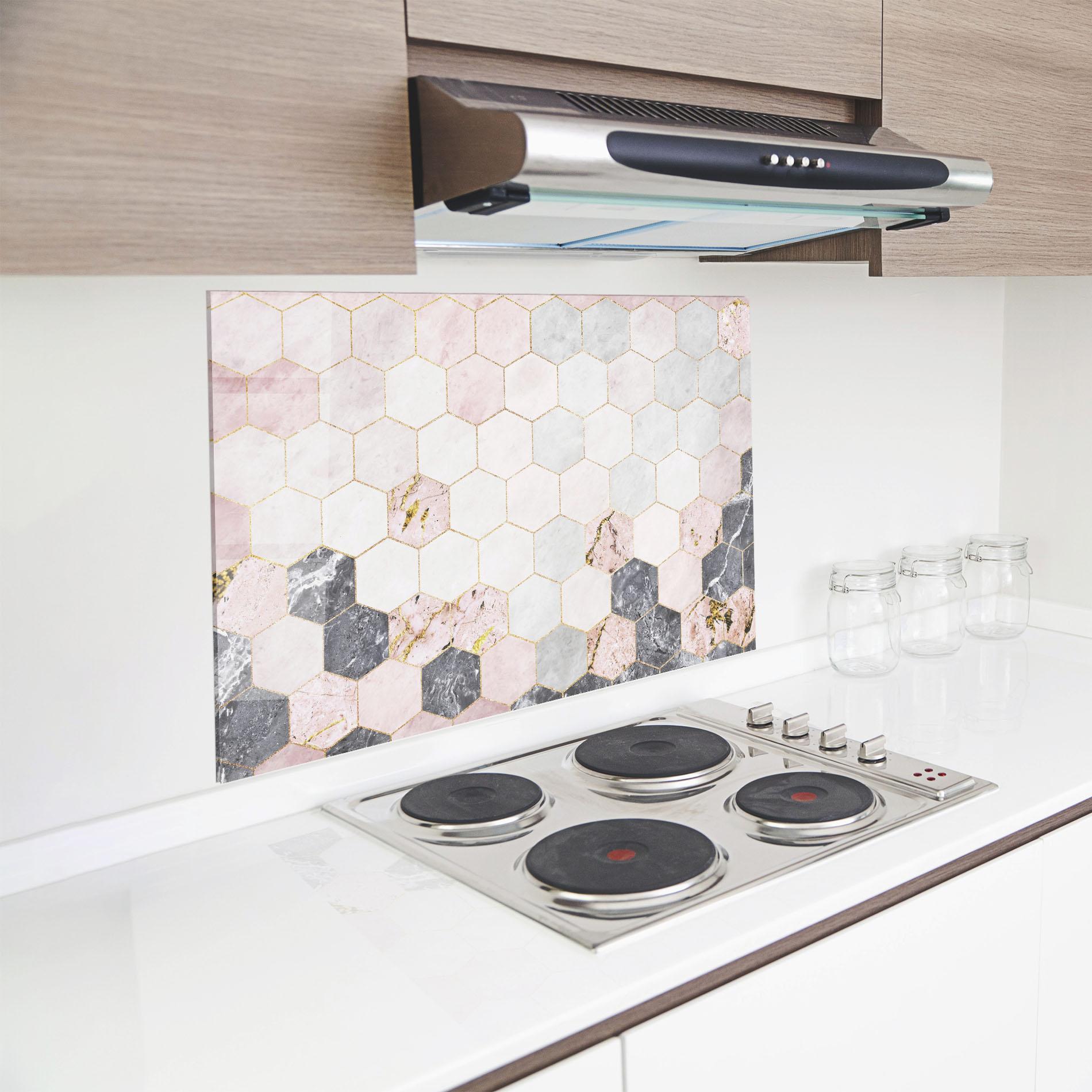 Panou Sticla Bucatarie Grey Pink Hexagon mockup 8