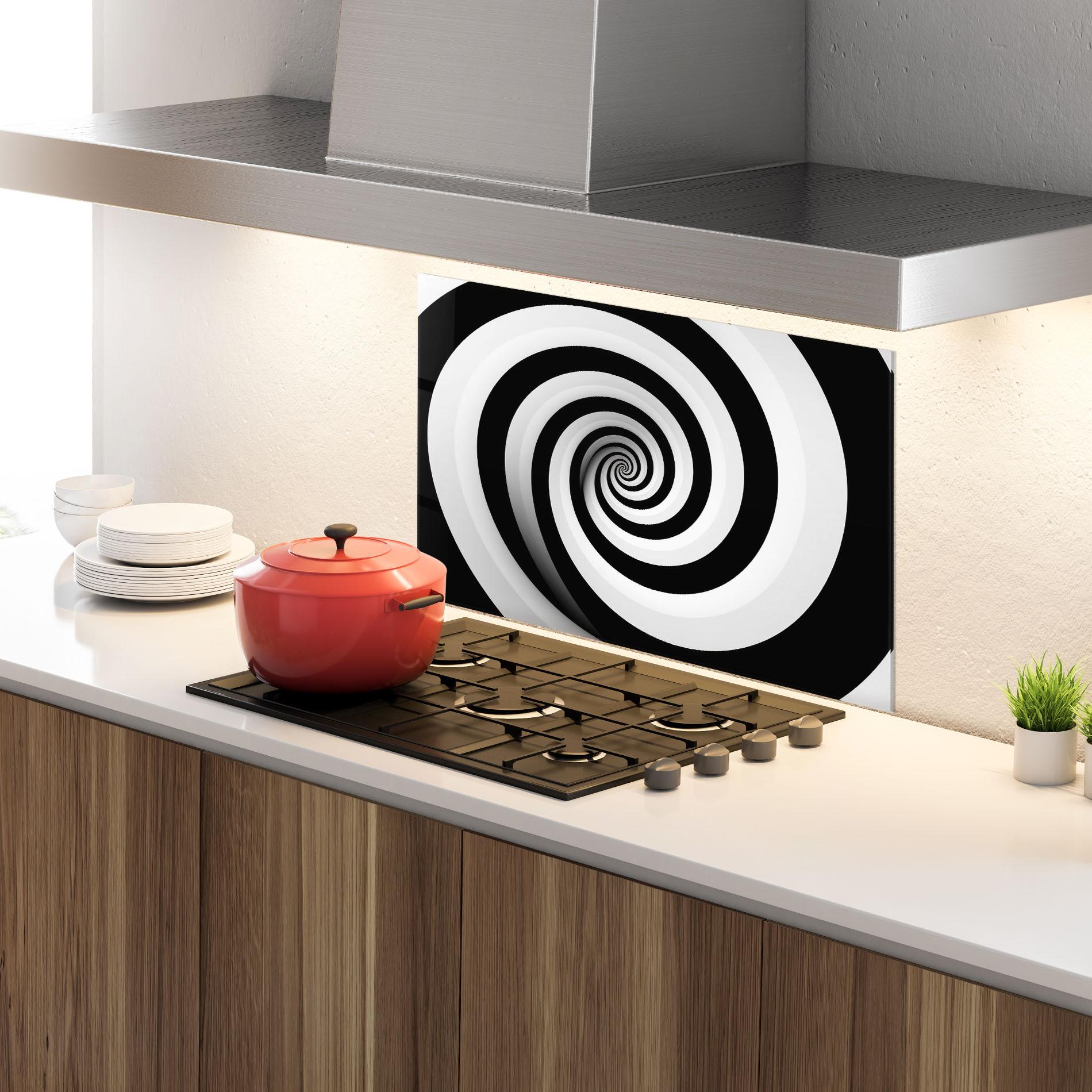 Panou Sticla Bucatarie Black White Spiral mockup 4