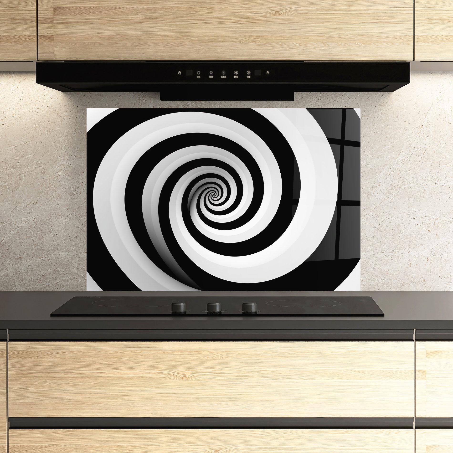 Panou Sticla Bucatarie Black White Spiral mockup 3