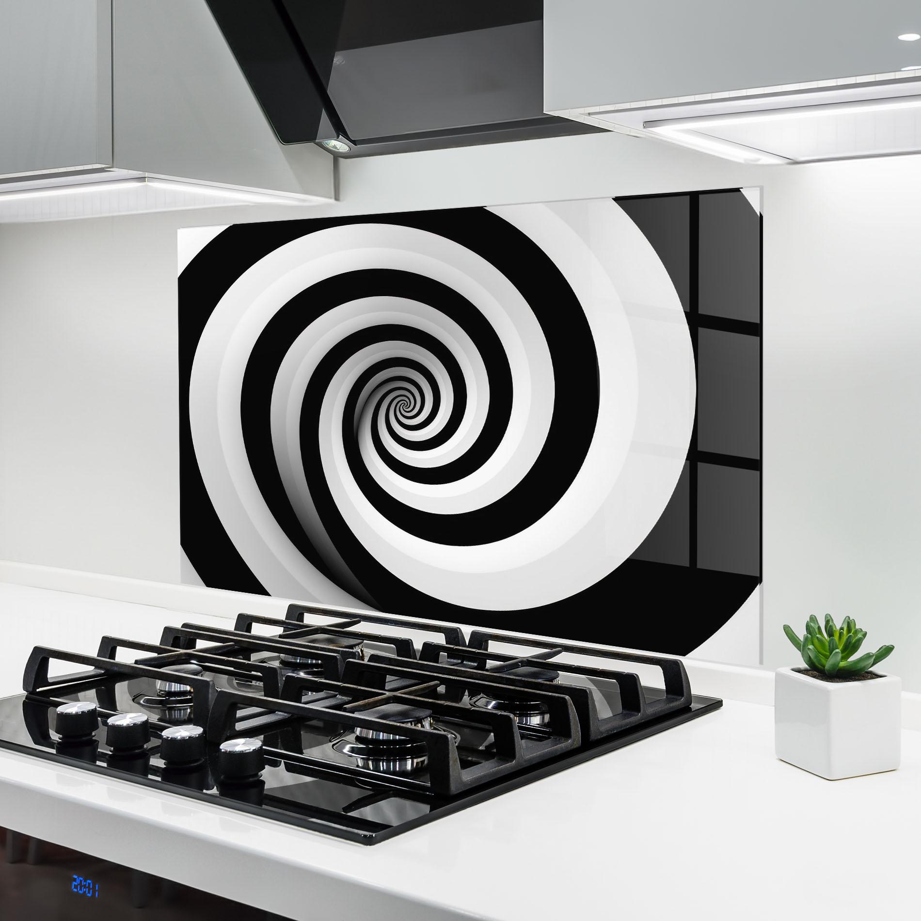 Panou Sticla Bucatarie Black White Spiral mockup 6