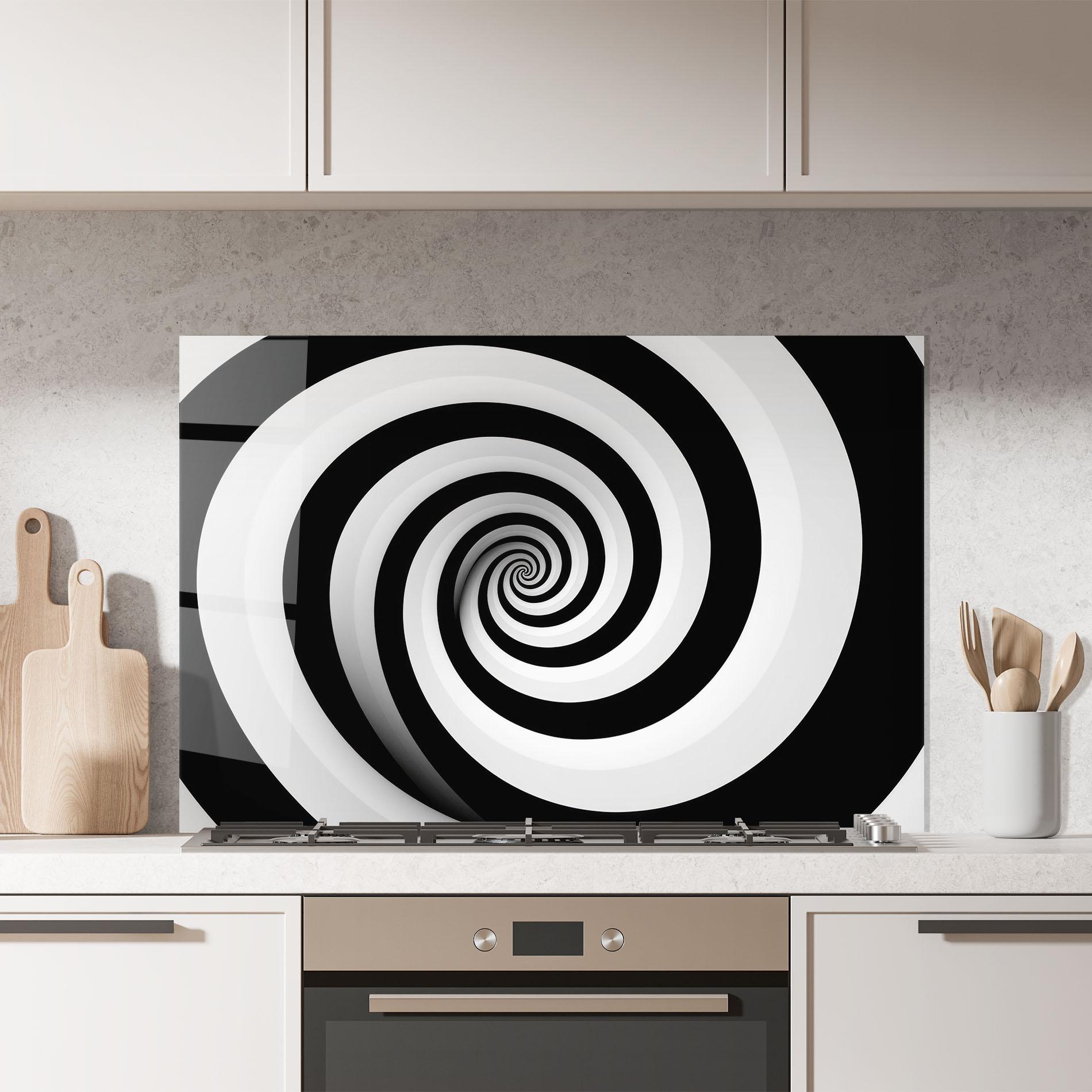 Panou Sticla Bucatarie Black White Spiral mockup 7