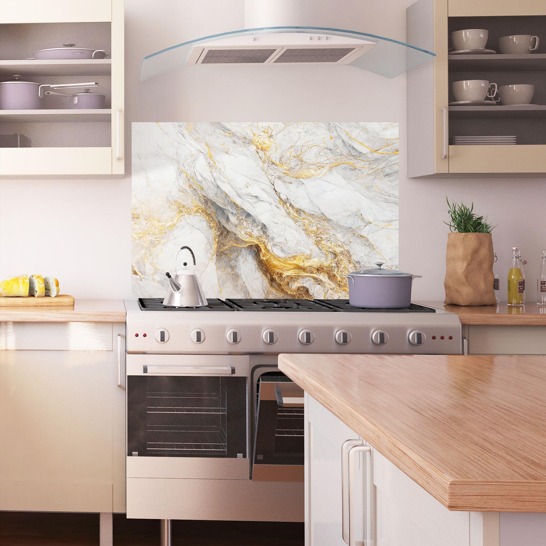 Panou Sticla Bucatarie Gold Liquid Grey Marble mockup 1