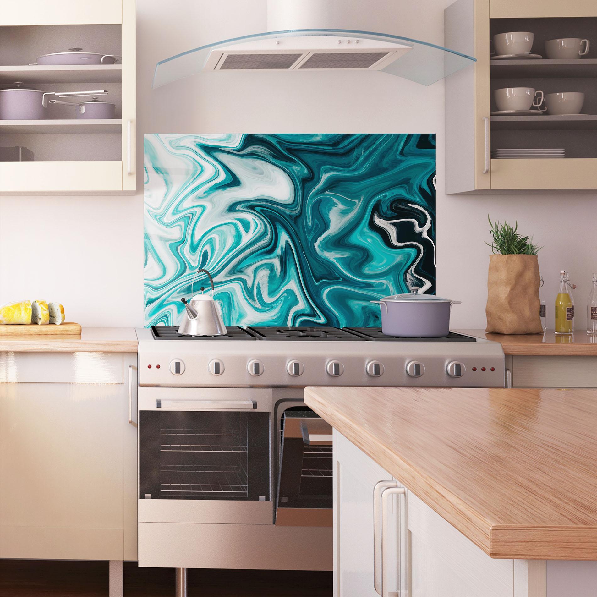 Panou Sticla Bucatarie White Blue Liquid Marble mockup 1