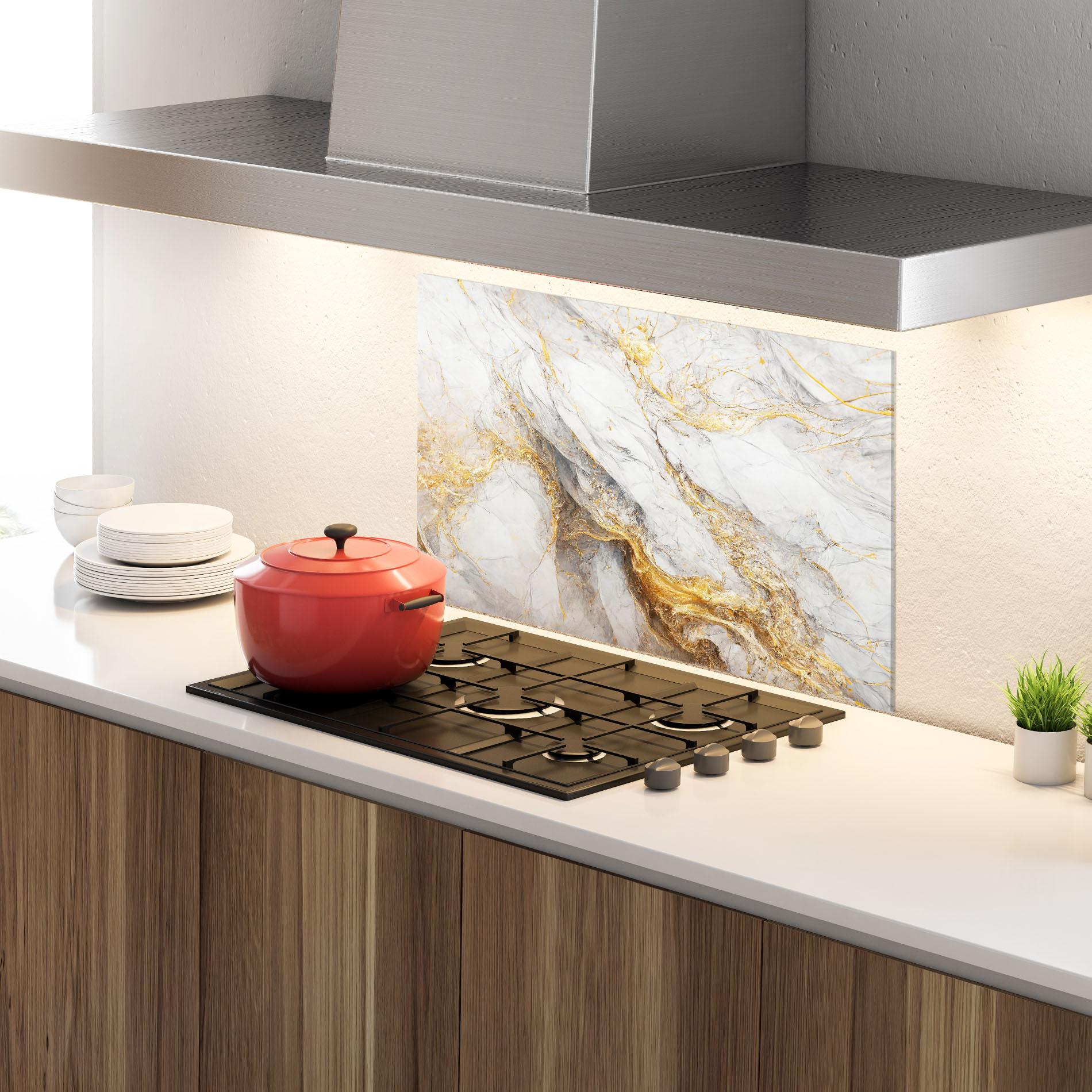 Panou Sticla Bucatarie Gold Liquid Grey Marble mockup 4