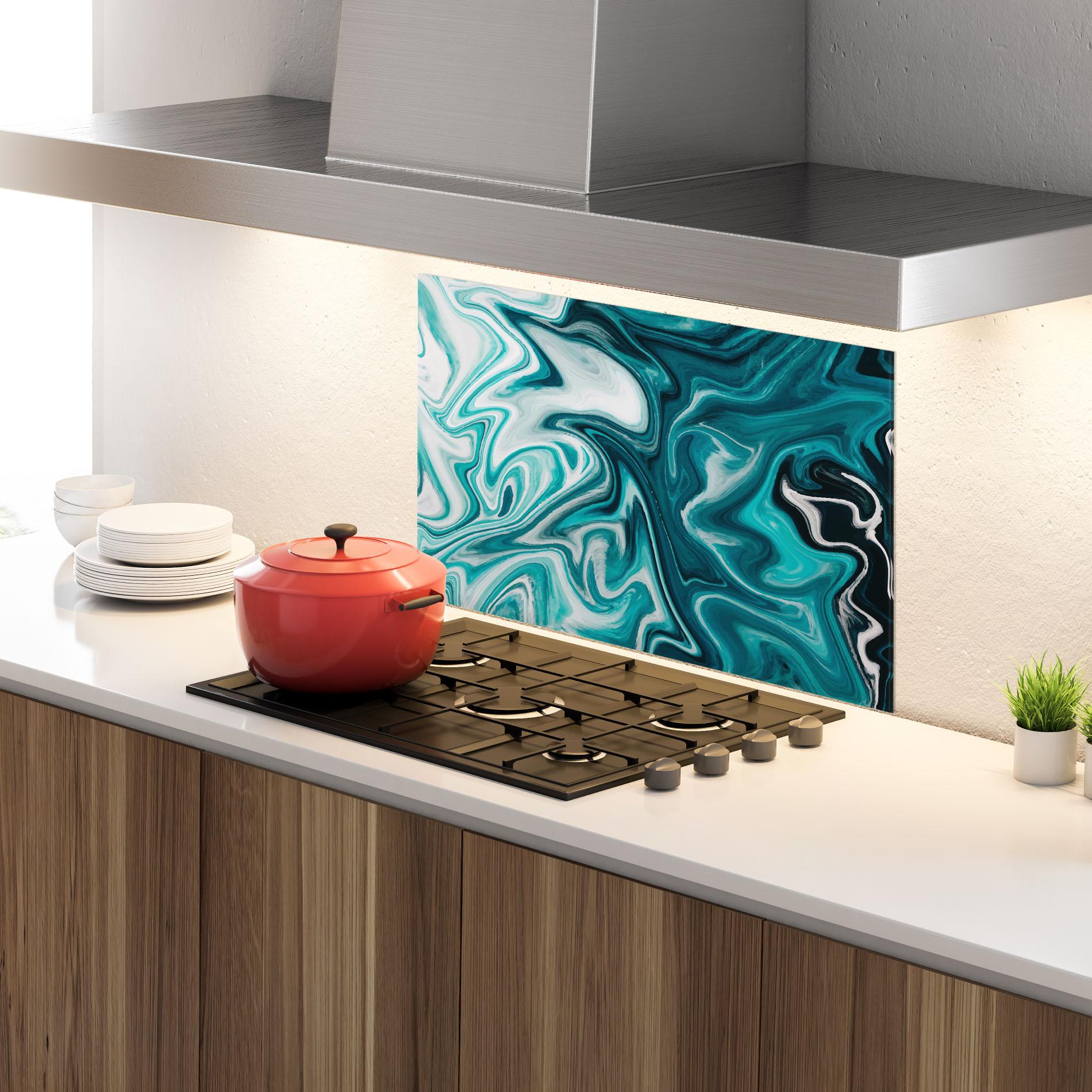 Panou Sticla Bucatarie White Blue Liquid Marble mockup 4