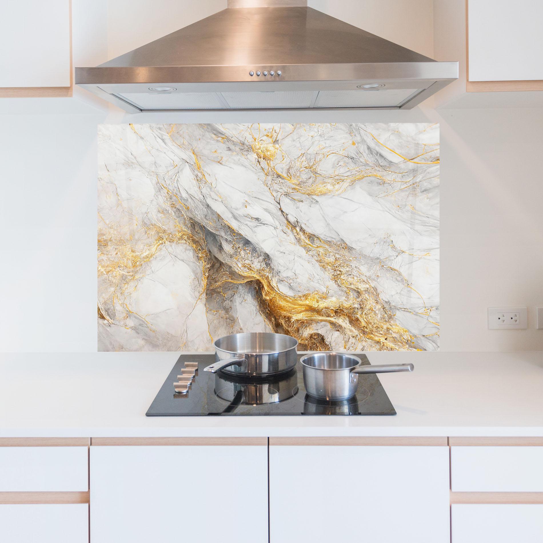 Panou Sticla Bucatarie Gold Liquid Grey Marble mockup 5