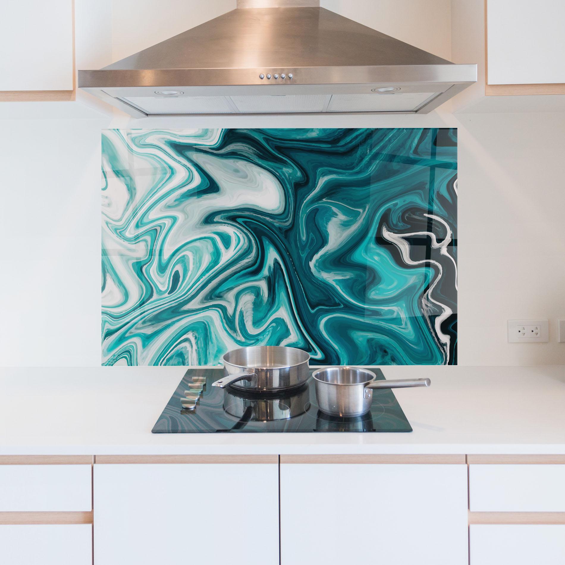 Panou Sticla Bucatarie White Blue Liquid Marble mockup 5