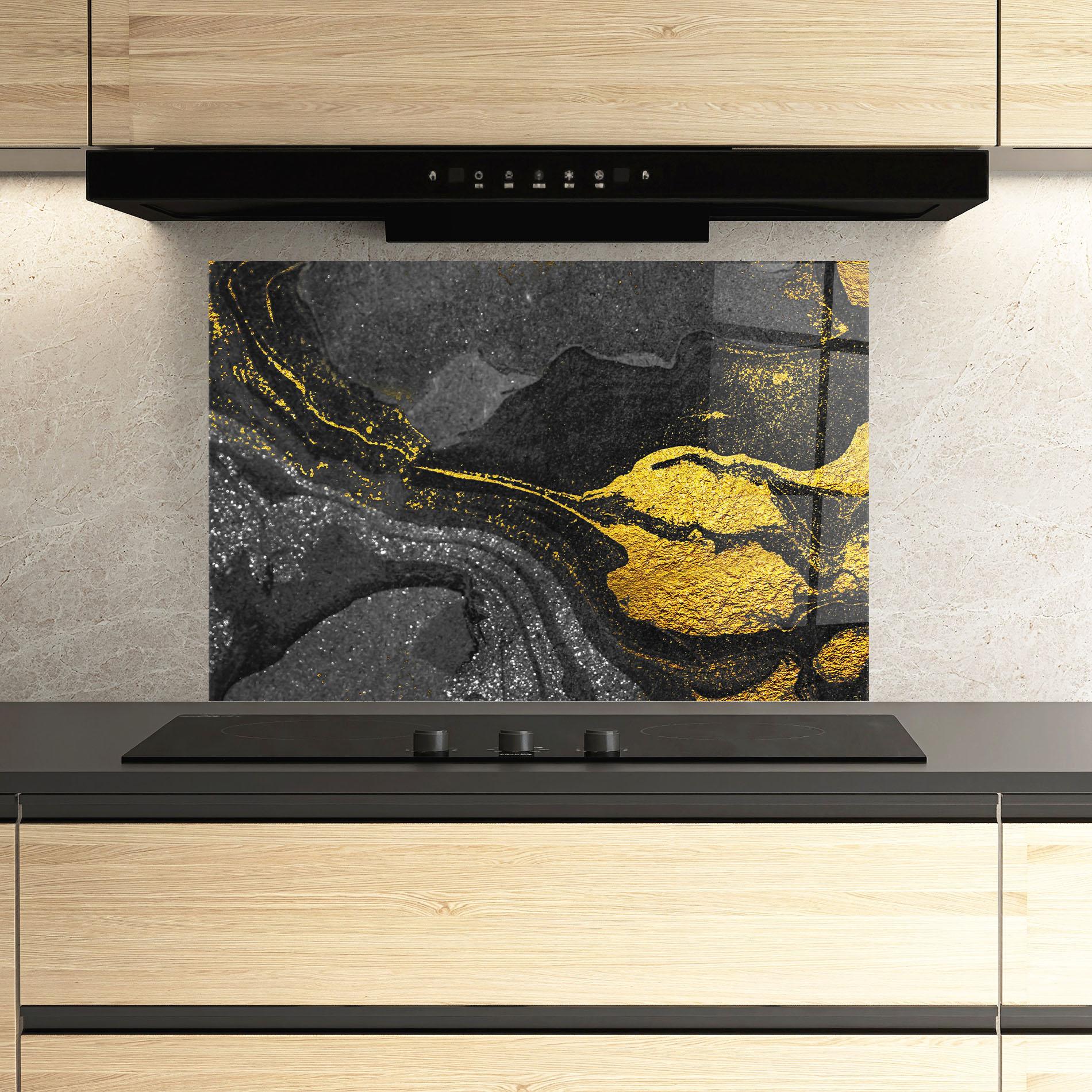 Panou Sticla Bucatarie Black And Gold Texture mockup 3