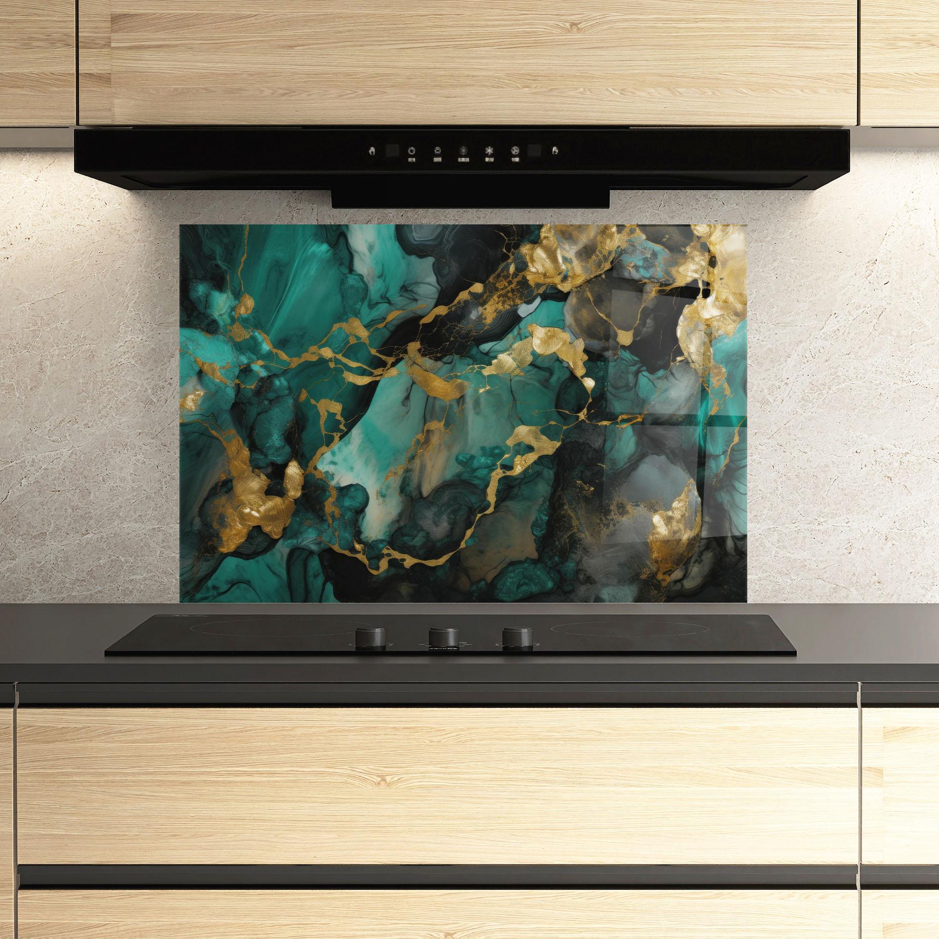 Panou Sticla Bucatarie Dark Green Golden Marble mockup 3