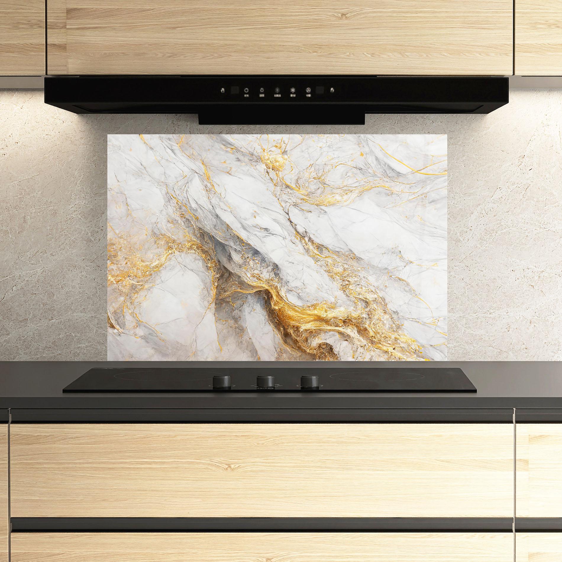 Panou Sticla Bucatarie Gold Liquid Grey Marble mockup 3