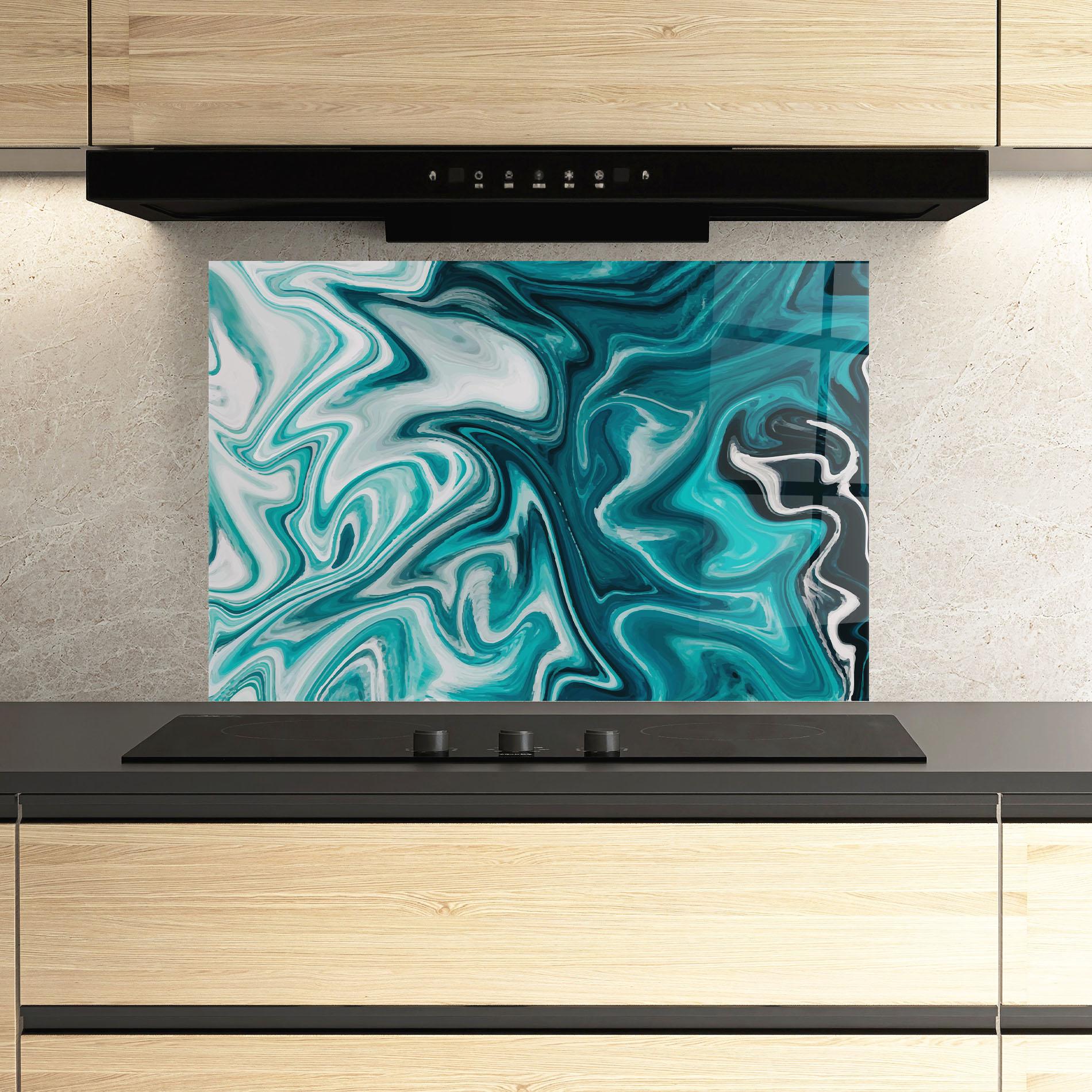 Panou Sticla Bucatarie White Blue Liquid Marble mockup 3