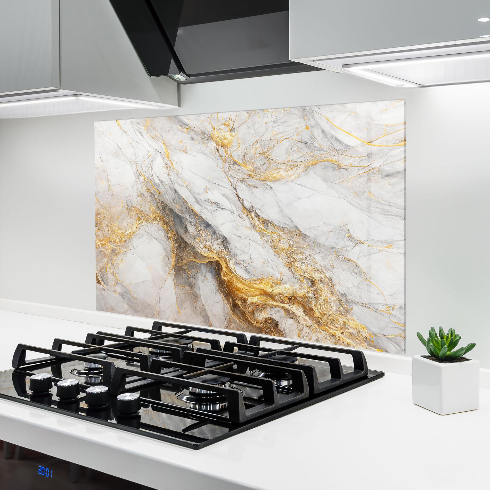 Panou Sticla Bucatarie Gold Liquid Grey Marble mockup 6