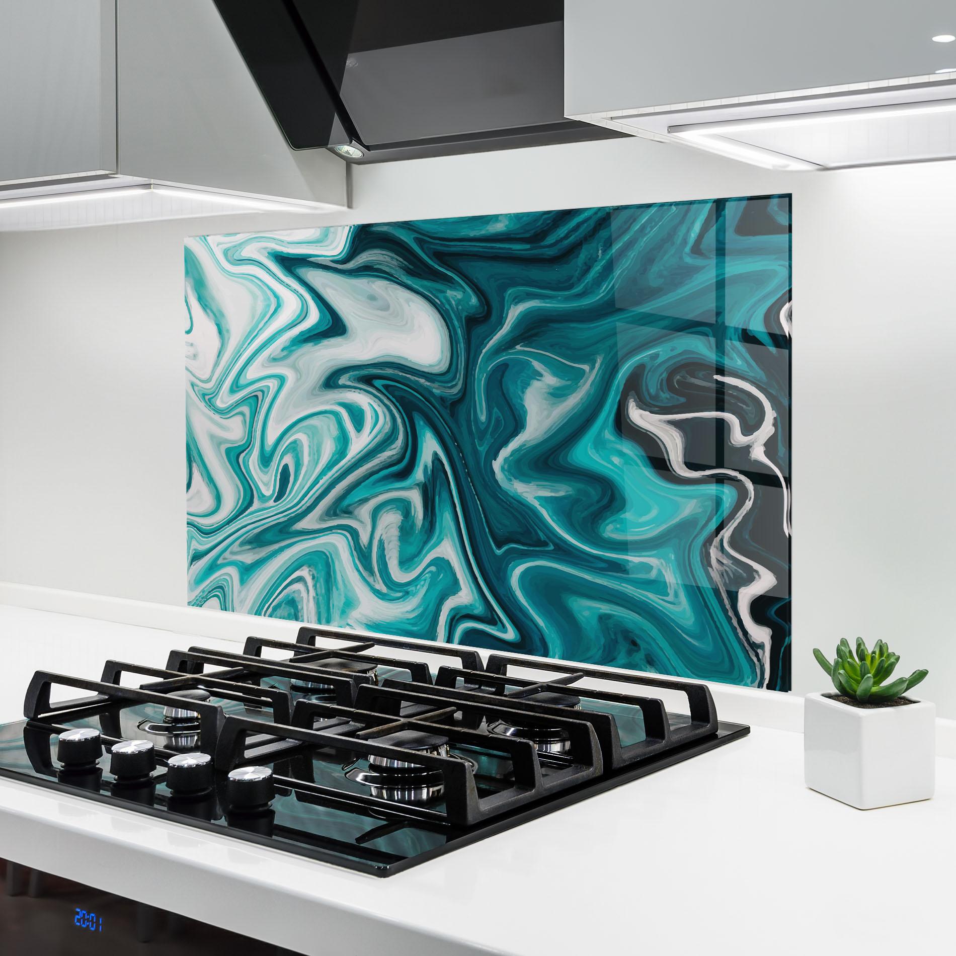 Panou Sticla Bucatarie White Blue Liquid Marble mockup 6