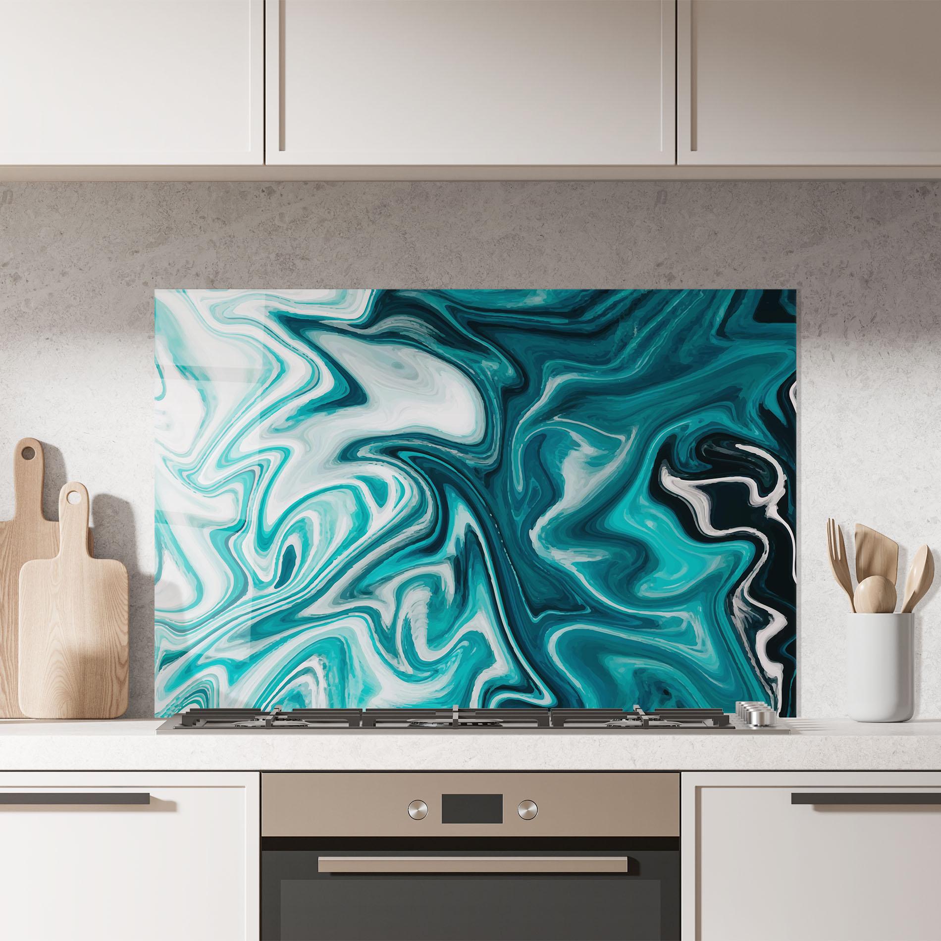 Panou Sticla Bucatarie White Blue Liquid Marble mockup 7