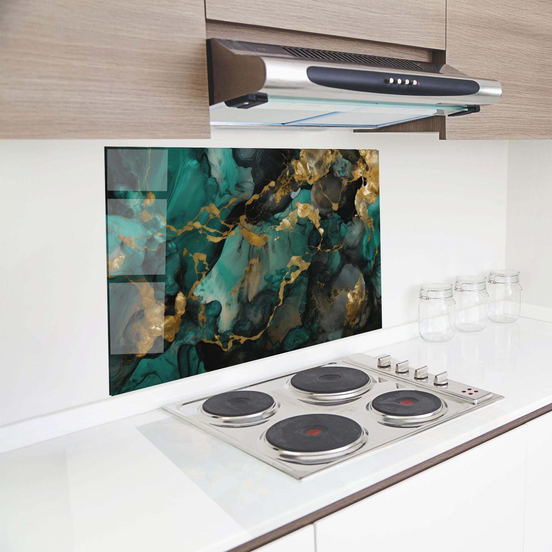 Panou Sticla Bucatarie Dark Green Golden Marble mockup 8