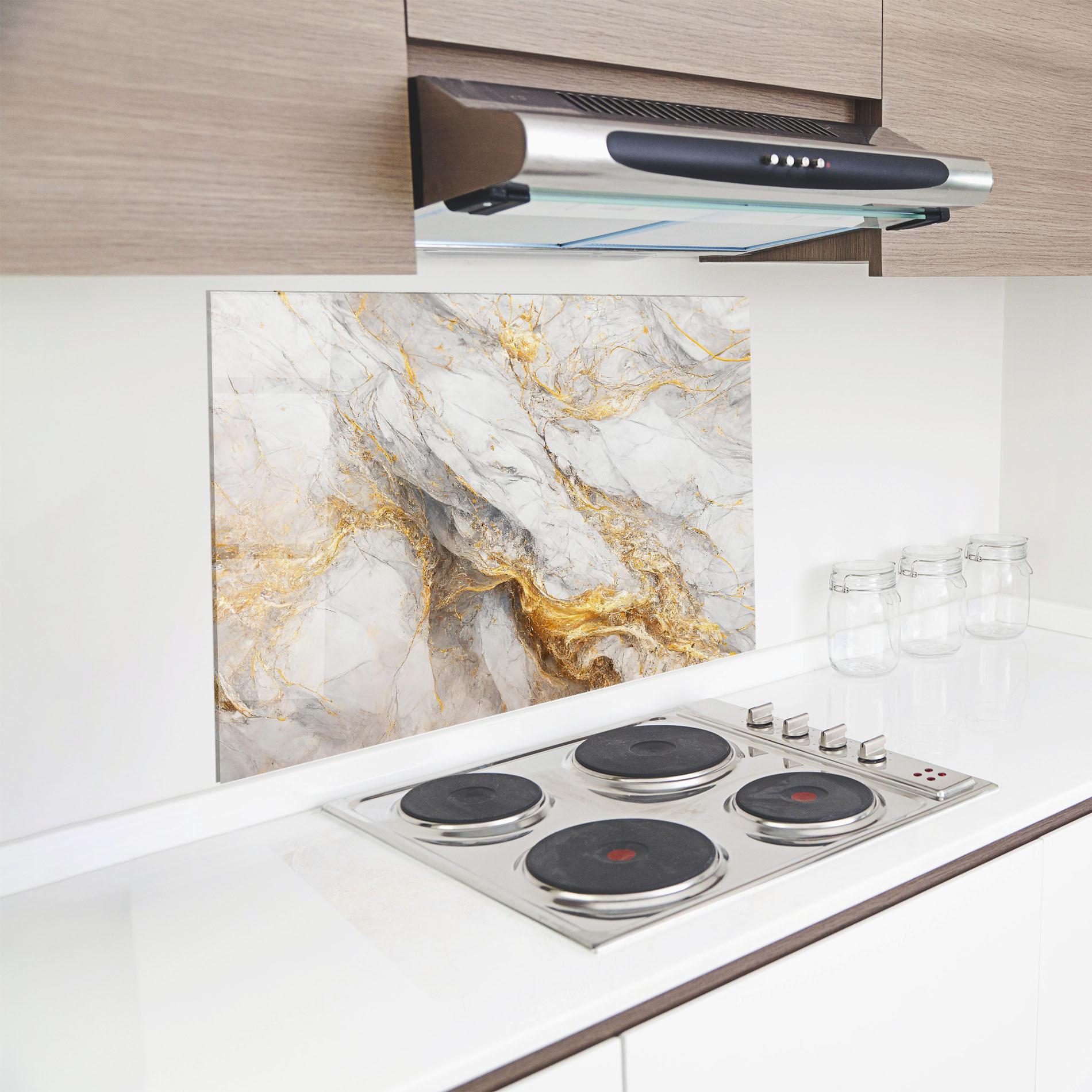 Panou Sticla Bucatarie Gold Liquid Grey Marble mockup 8