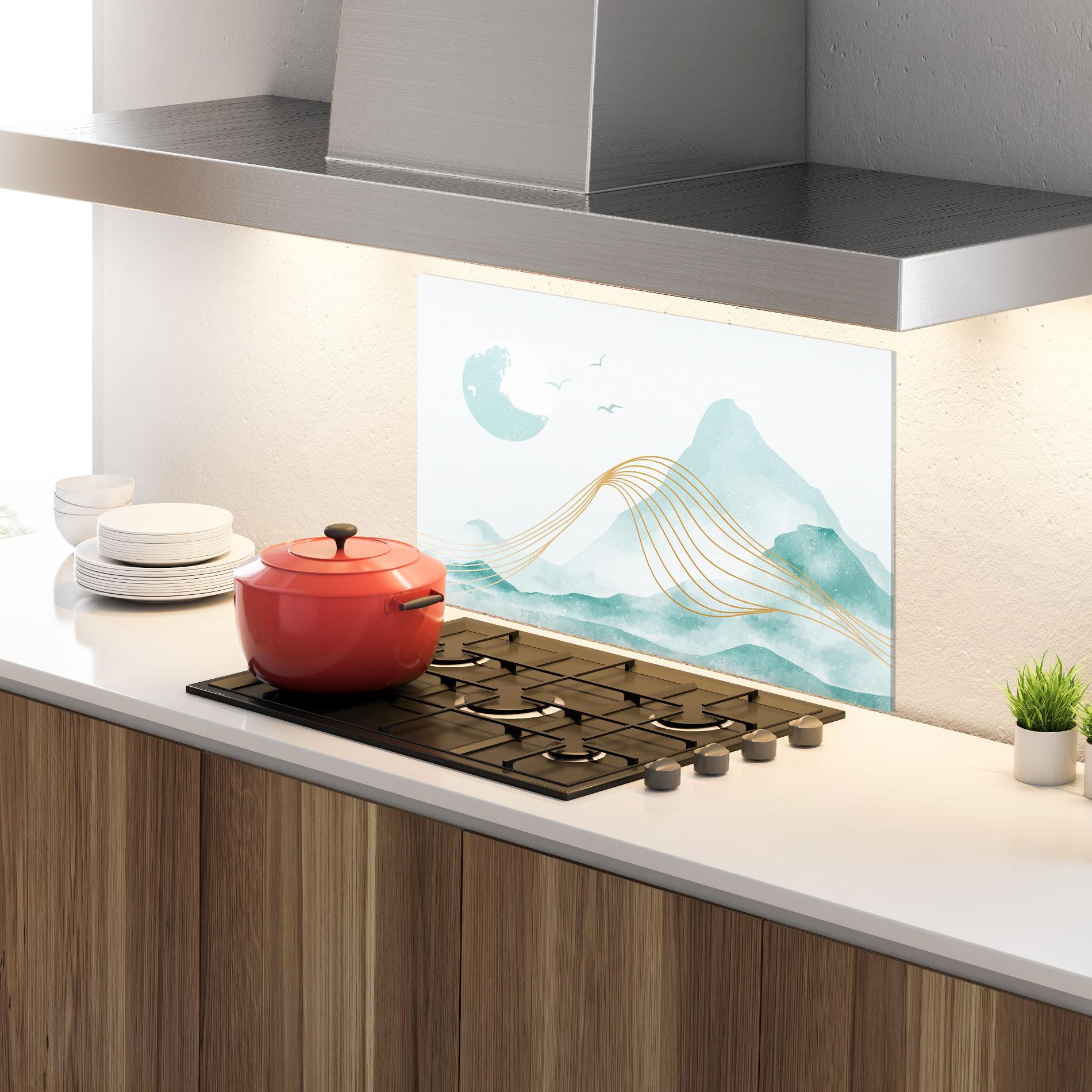 Panou Sticla Bucatarie Gold Line Mountain mockup 4