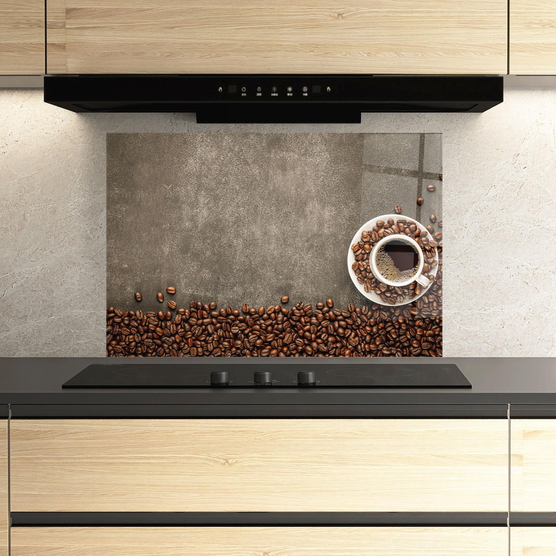 Panou Sticla Bucatarie Coffee On Grey Table mockup 3