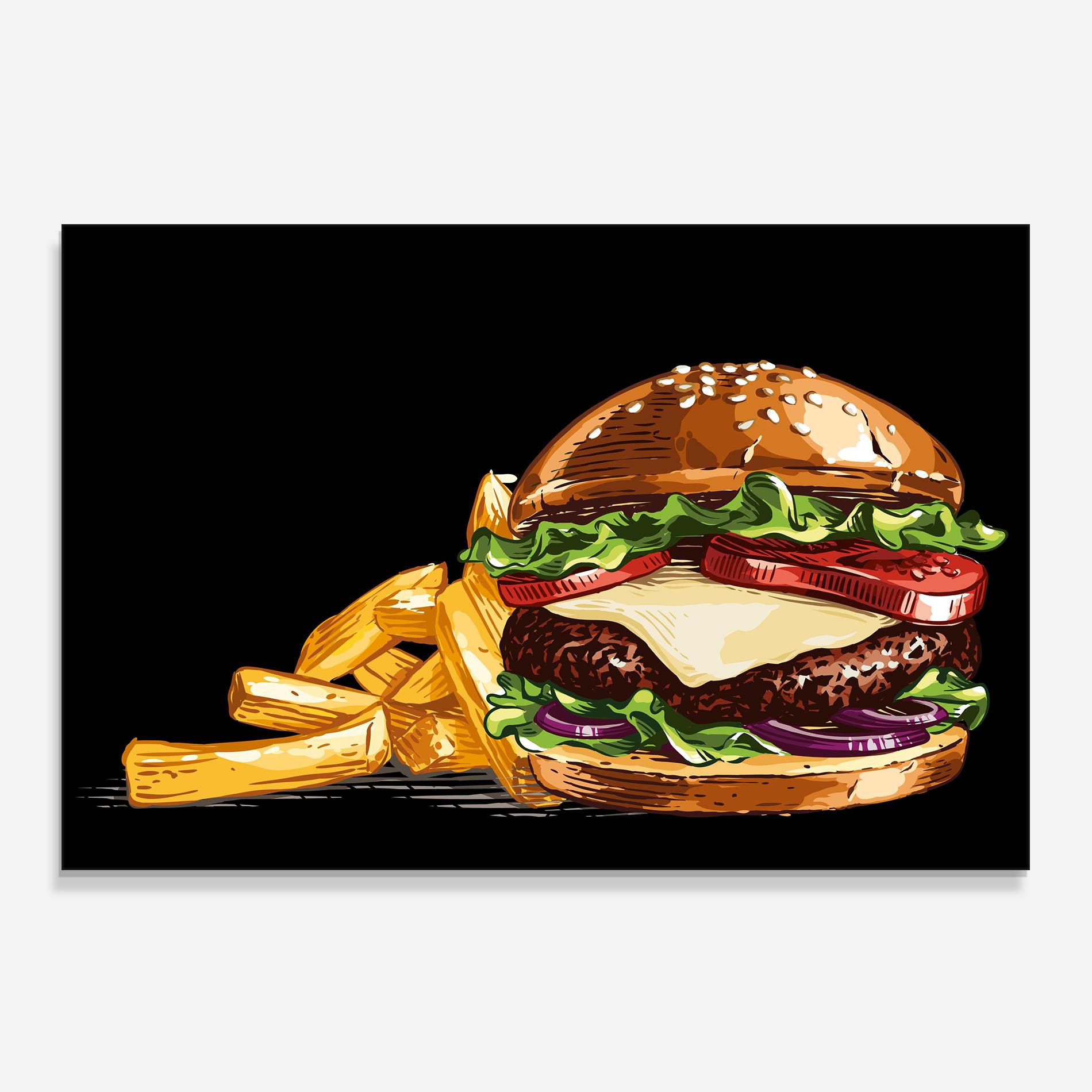 Panou Sticla Bucatarie Burger Fries mockup 0